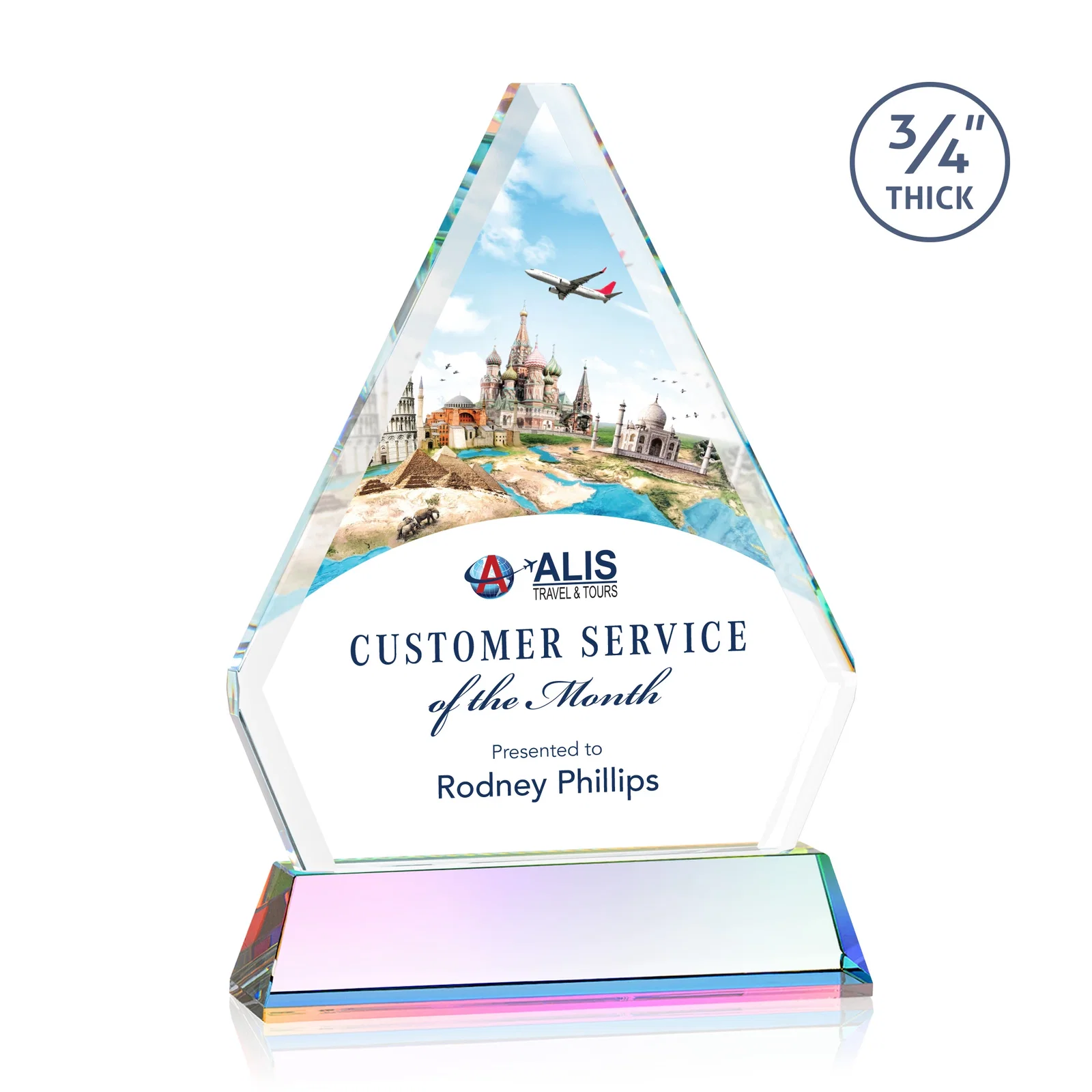 Customized Starfire Crystal Diamond Award with Base Inscription on Tall Base, awards for dealer and partner awards