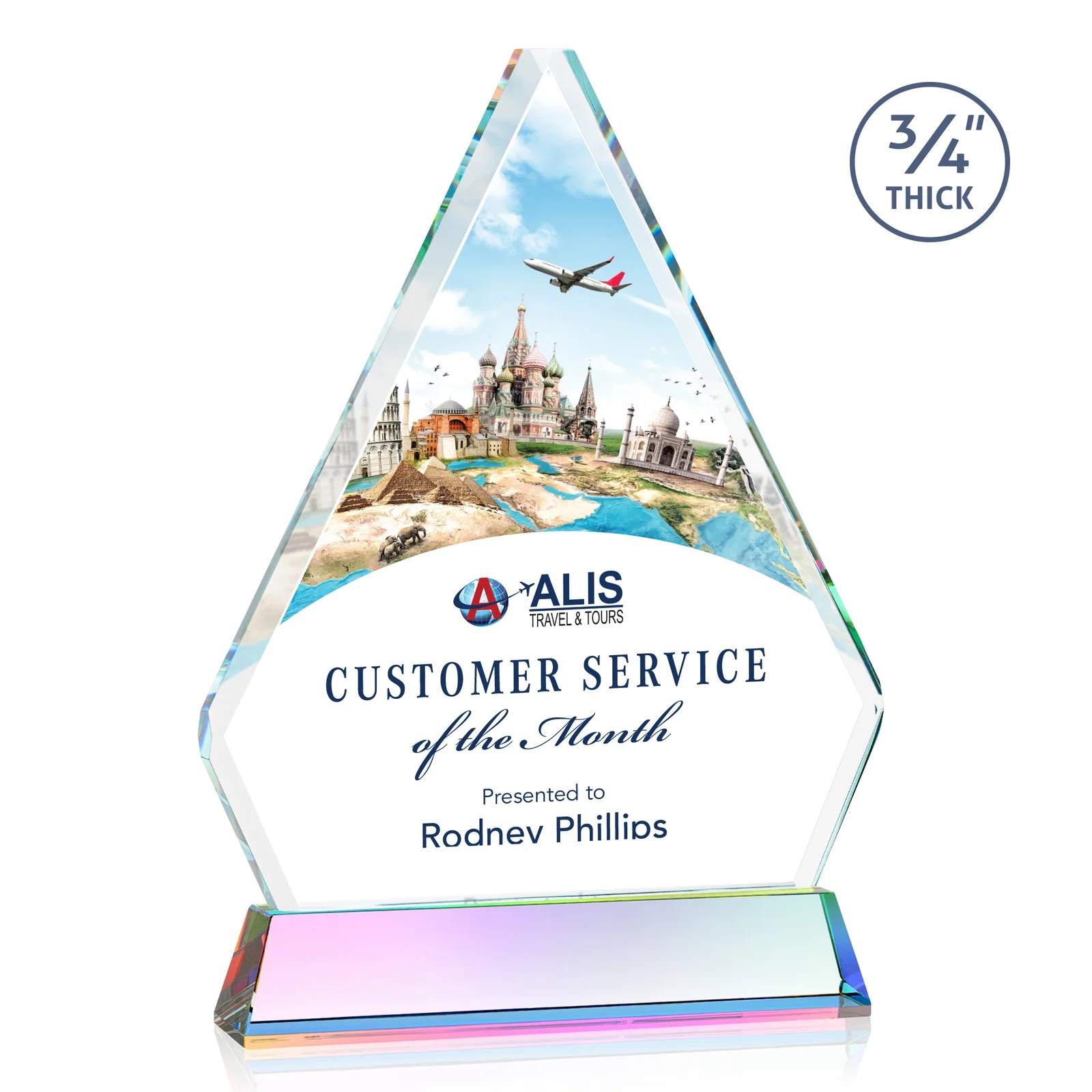 Customized Starfire Crystal Diamond Award with Base Inscription on Tall Base, awards for company anniversary events