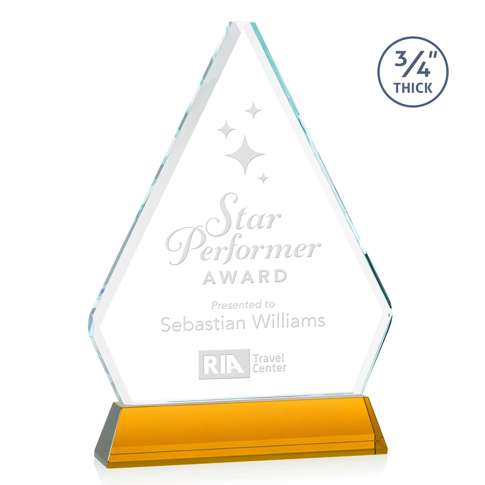 Custom Starfire Crystal Diamond Award with Base Inscription on Tall Base, awards for graduation ceremonies