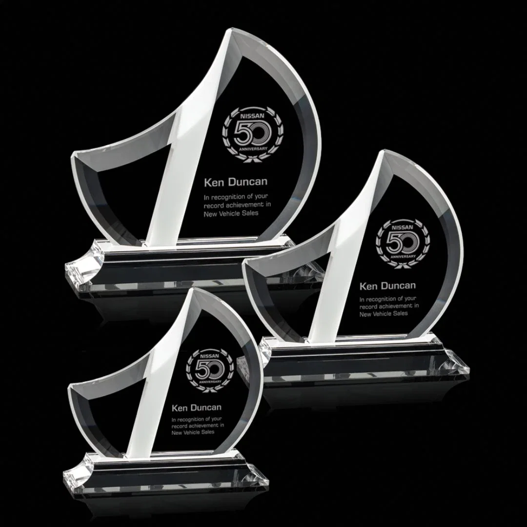 Custom Optical Crystal Sail Award in White and Clear Beveled Finish, awards for employee recognition