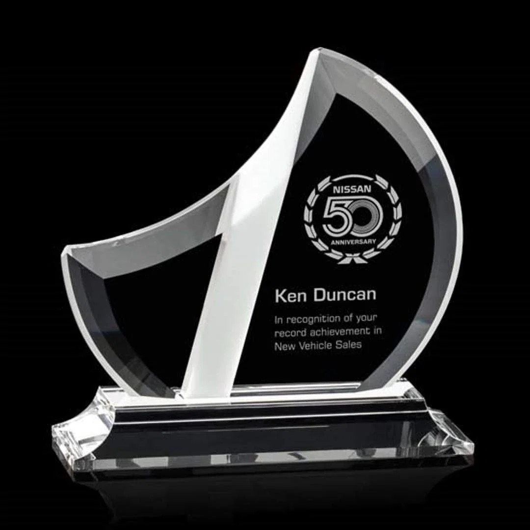 Custom Optical Crystal Sail Award in White and Clear Beveled Finish, awards for corporate award ceremonies