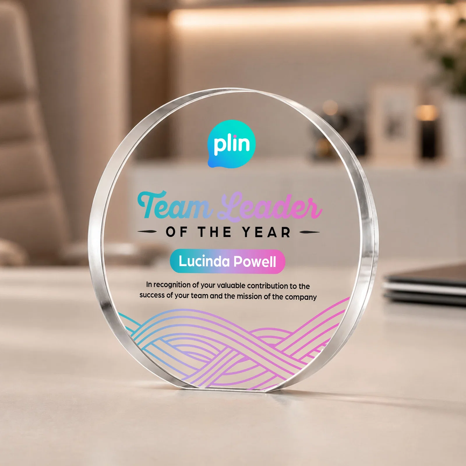 Custom Starfire Crystal Round Award With a Full-Face Etch Panel, desk awards for company anniversary events