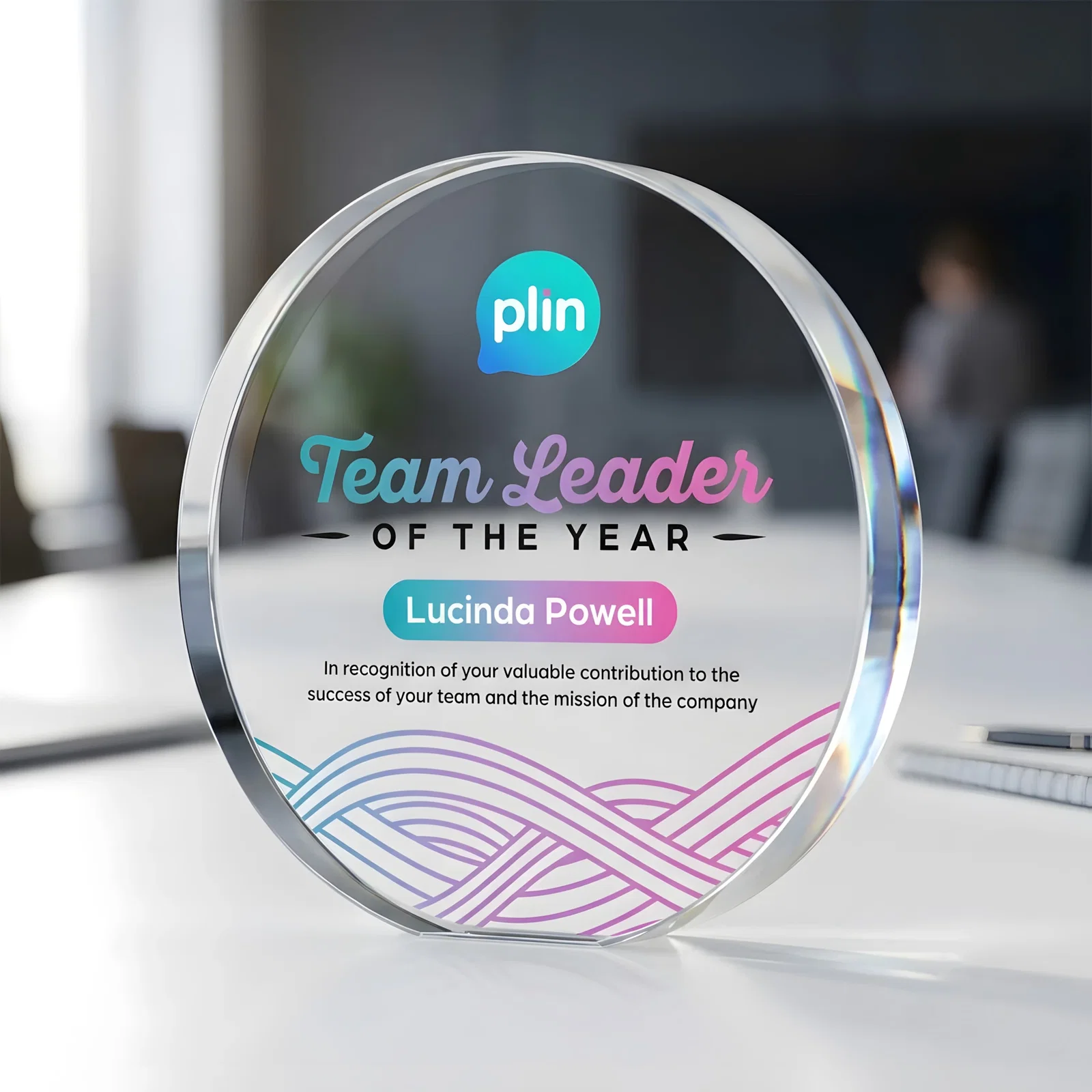 Personalized Starfire Crystal Round Award With a Full-Face Etch Panel, desk awards for employee recognition