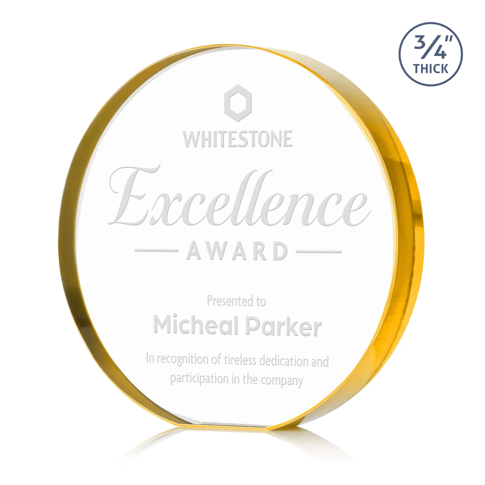 Personalized Starfire Crystal Round Award With a Full-Face Etch Panel, desk awards for team milestone celebrations