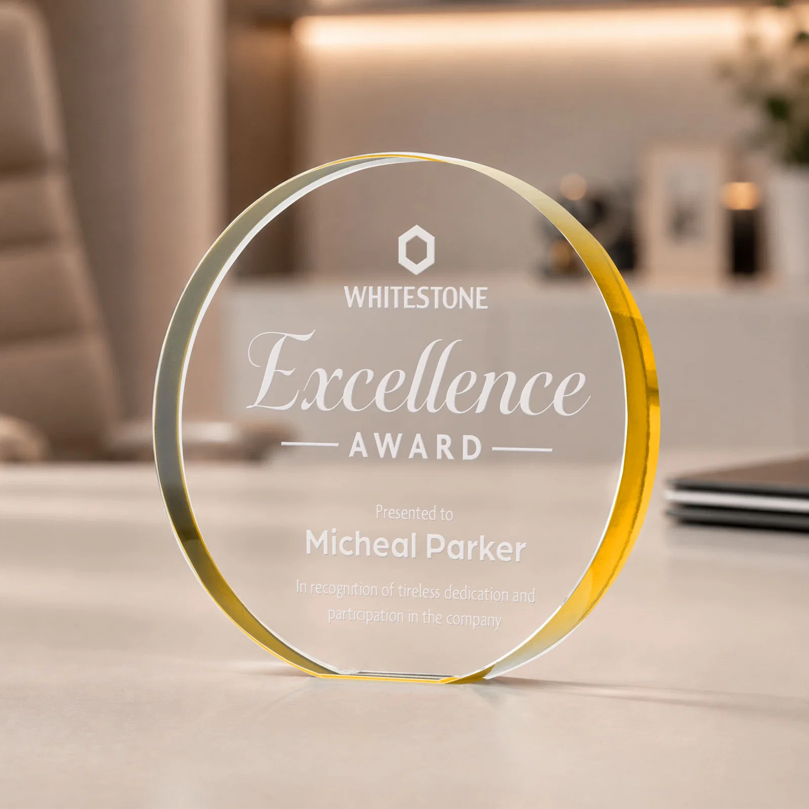 Personalized Starfire Crystal Round Award With a Full-Face Etch Panel, desk awards for donor appreciation