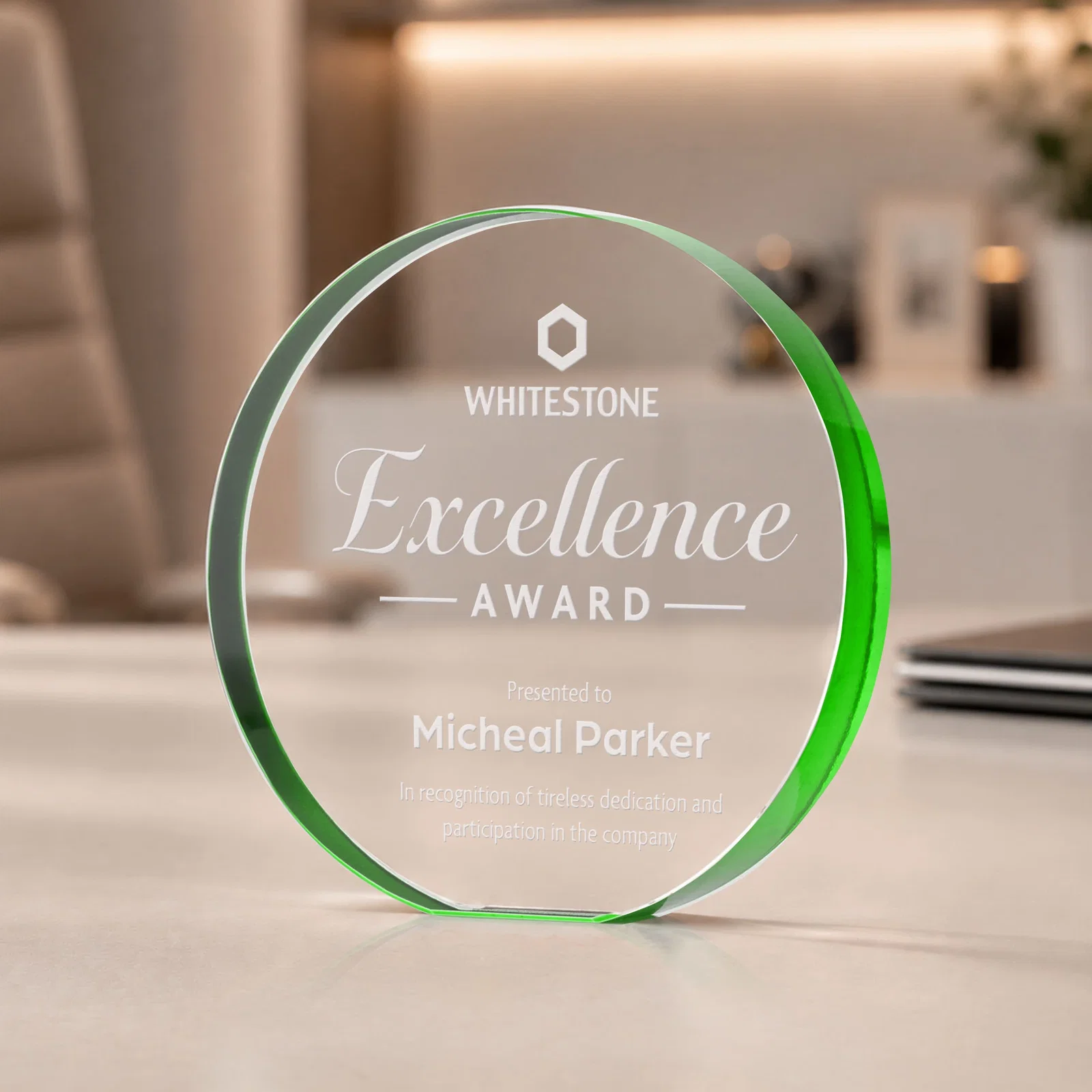 Promotional Starfire Crystal Round Award With a Full-Face Etch Panel, desk awards for employee recognition