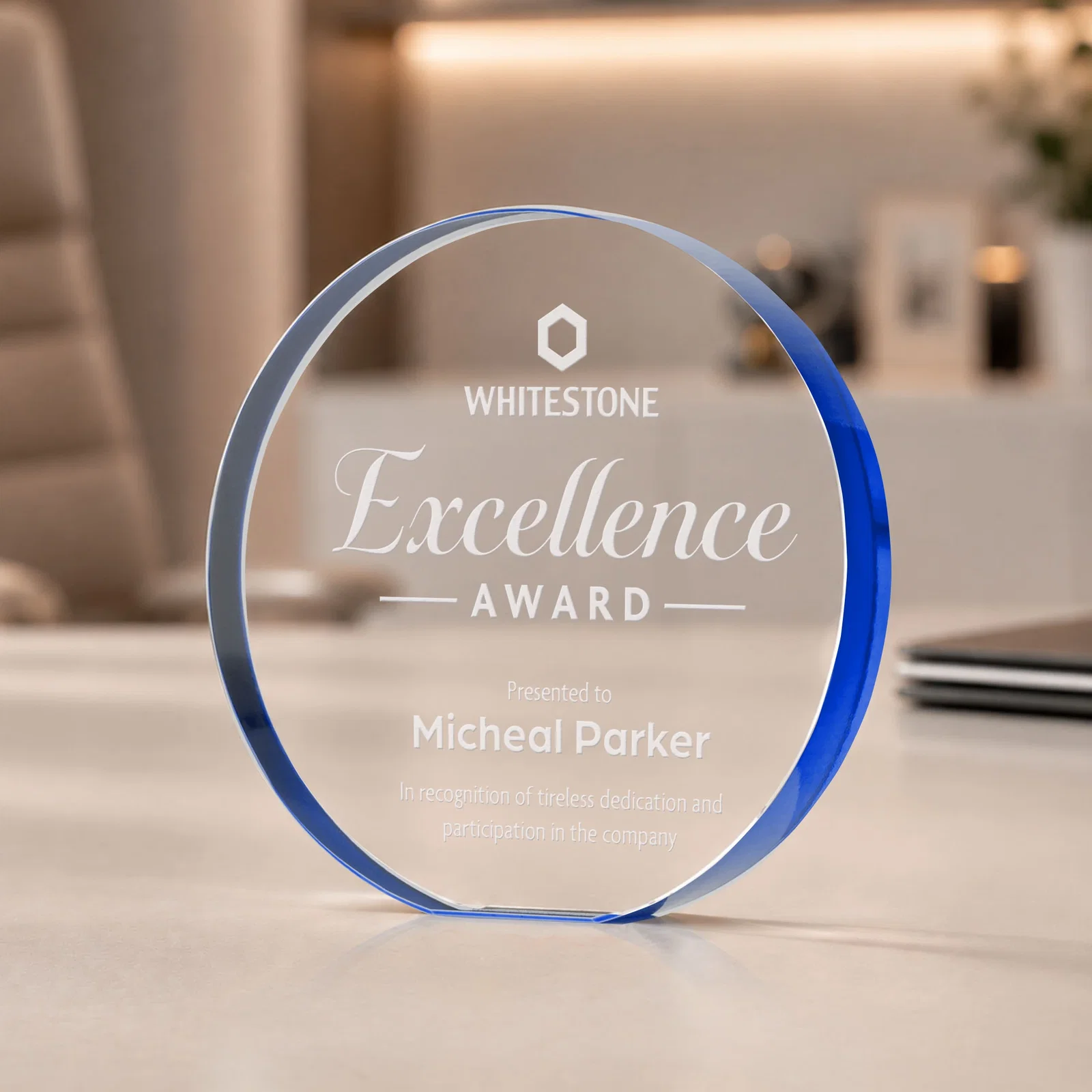 Promotional Starfire Crystal Round Award With a Full-Face Etch Panel, desk awards for donor appreciation