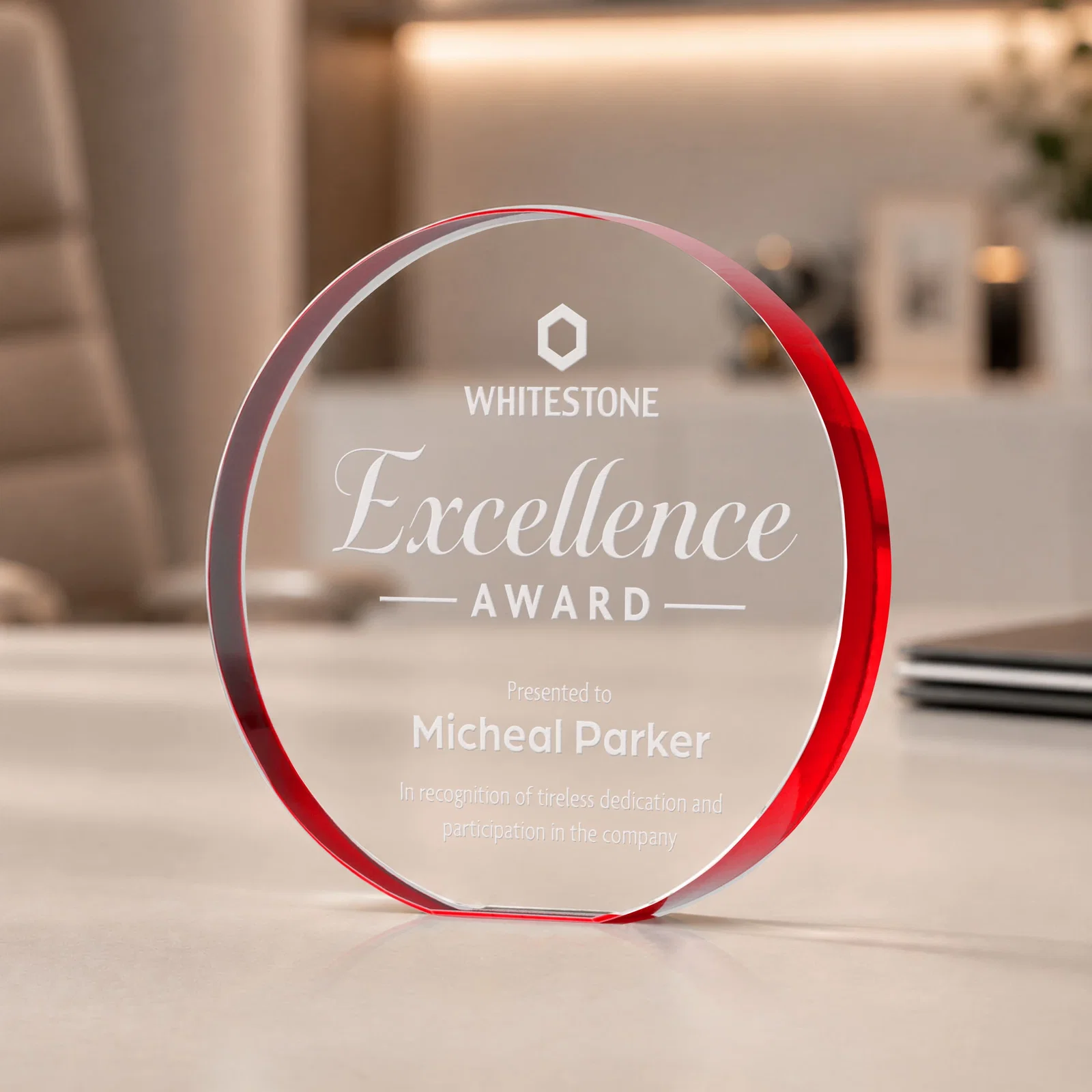 Branded Starfire Crystal Round Award With a Full-Face Etch Panel, desk awards for employee recognition