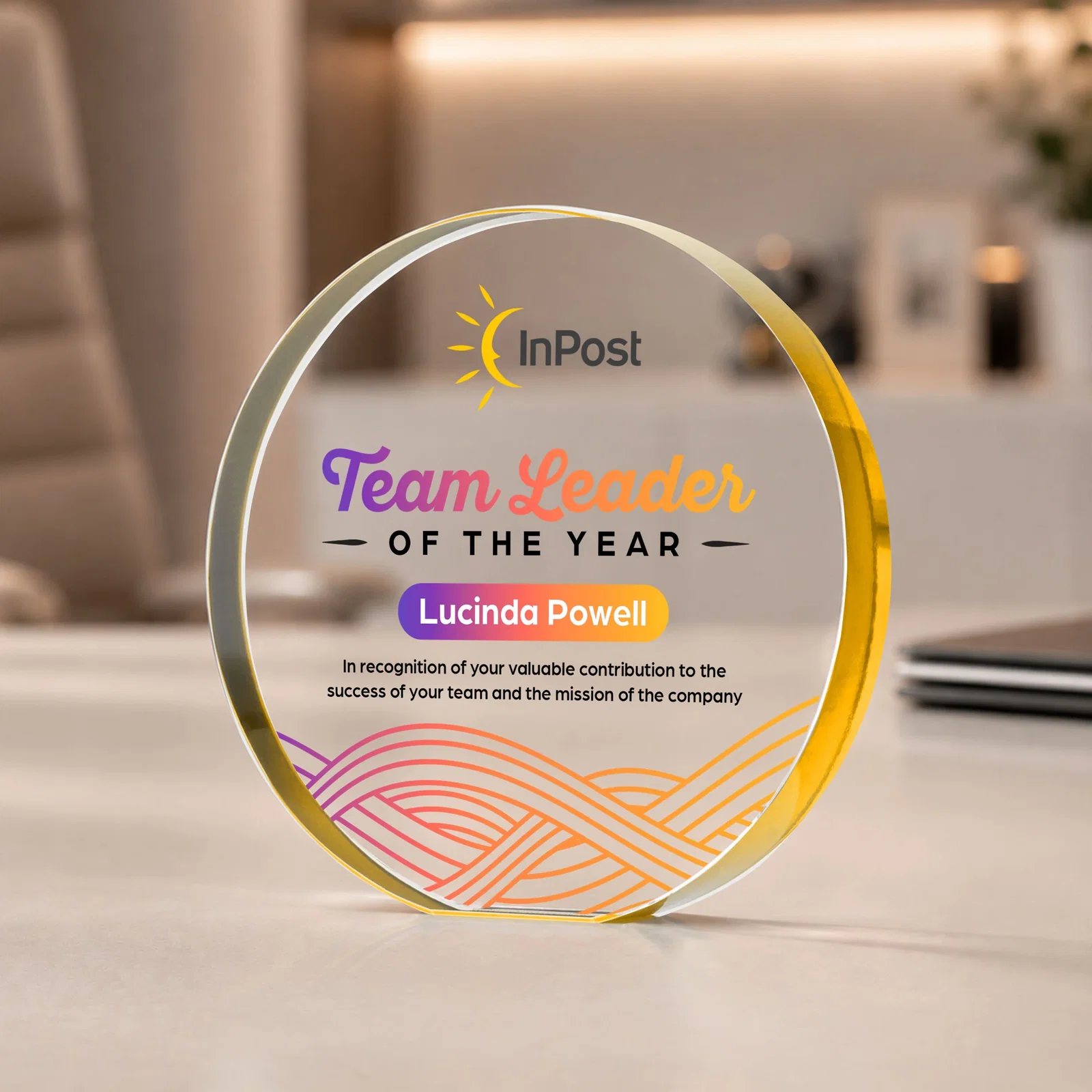 Branded Starfire Crystal Round Award With a Full-Face Etch Panel, desk awards for donor appreciation