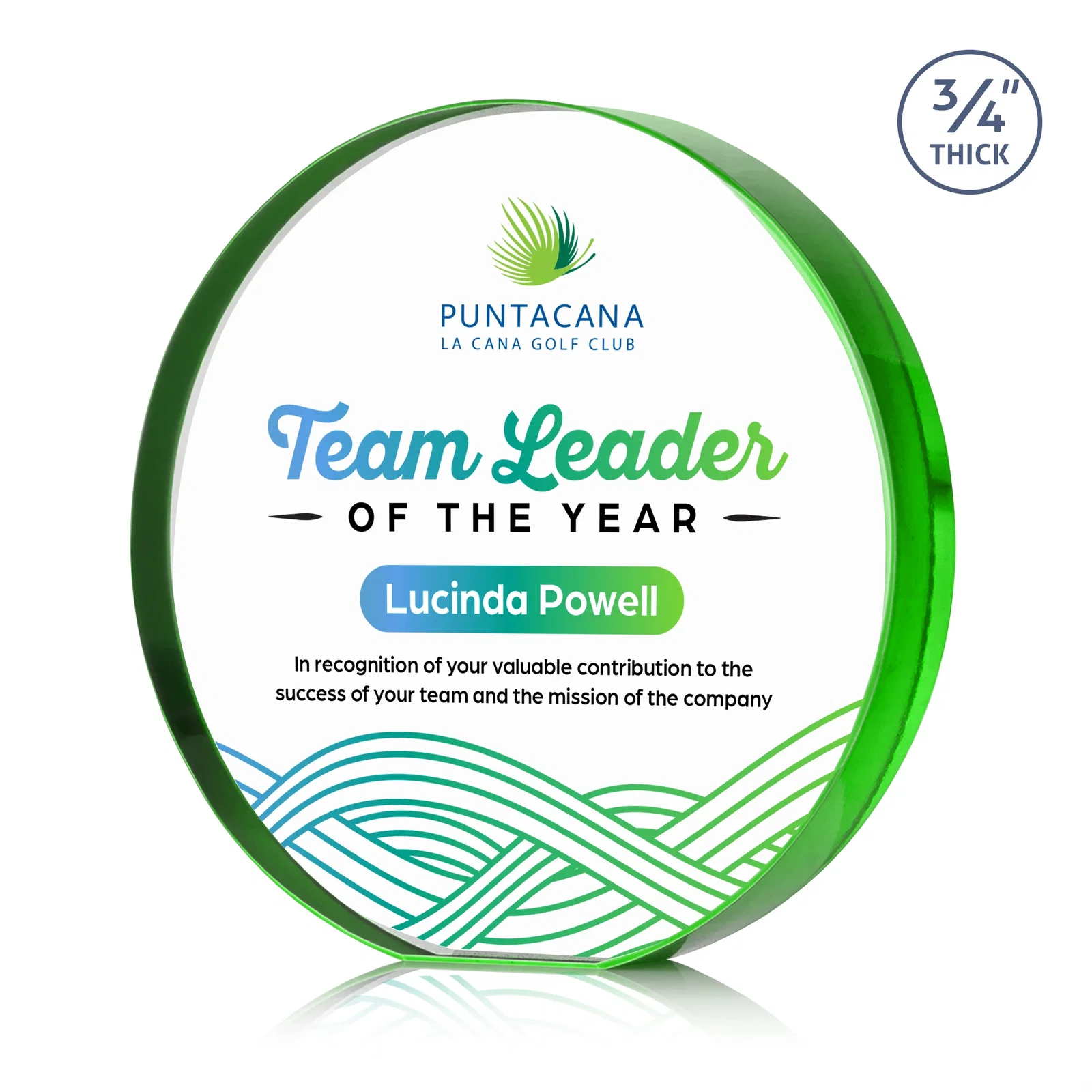 Branded Starfire Crystal Round Award With a Full-Face Etch Panel, desk awards for company anniversary events