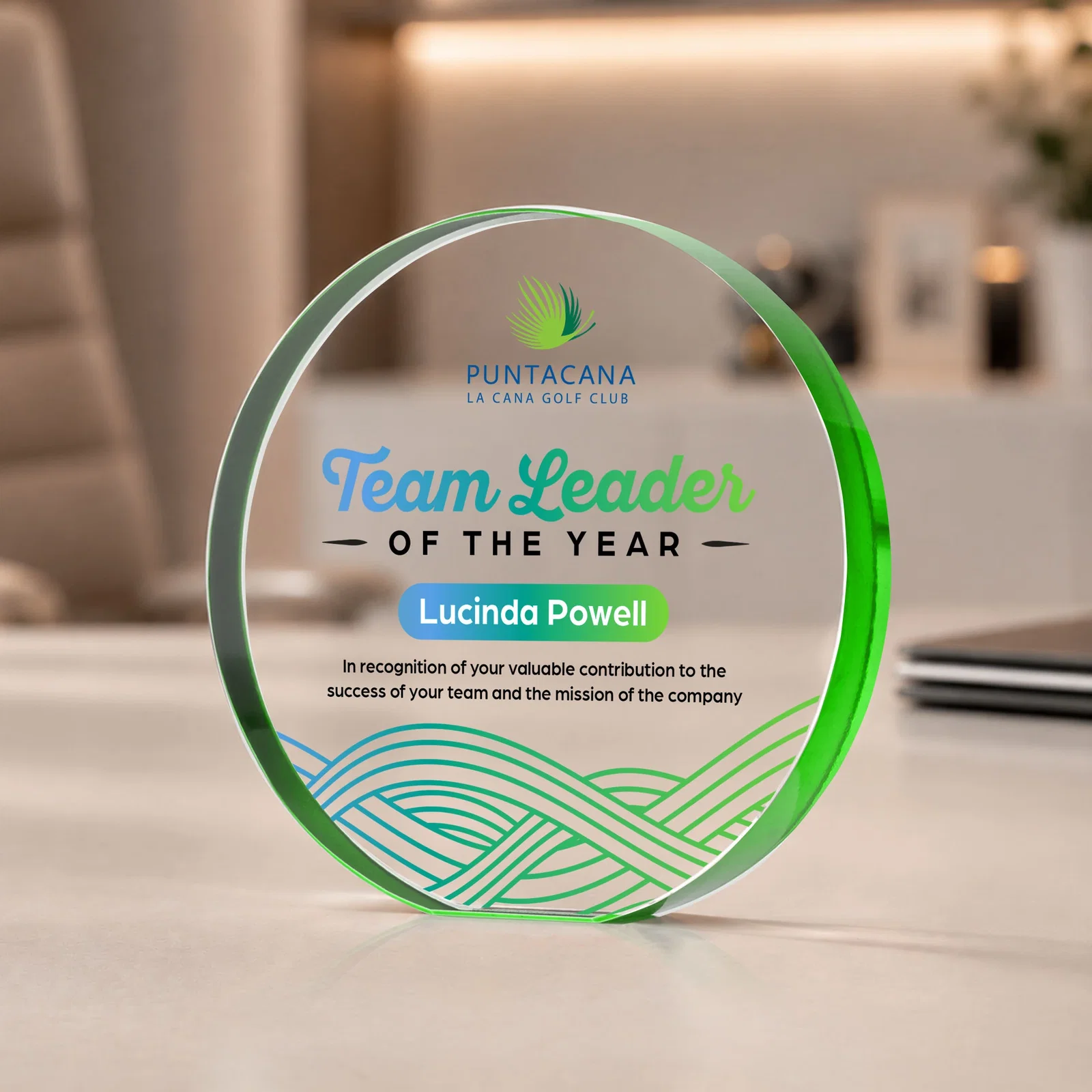 Custom printed Starfire Crystal Round Award With a Full-Face Etch Panel, desk awards for employee recognition