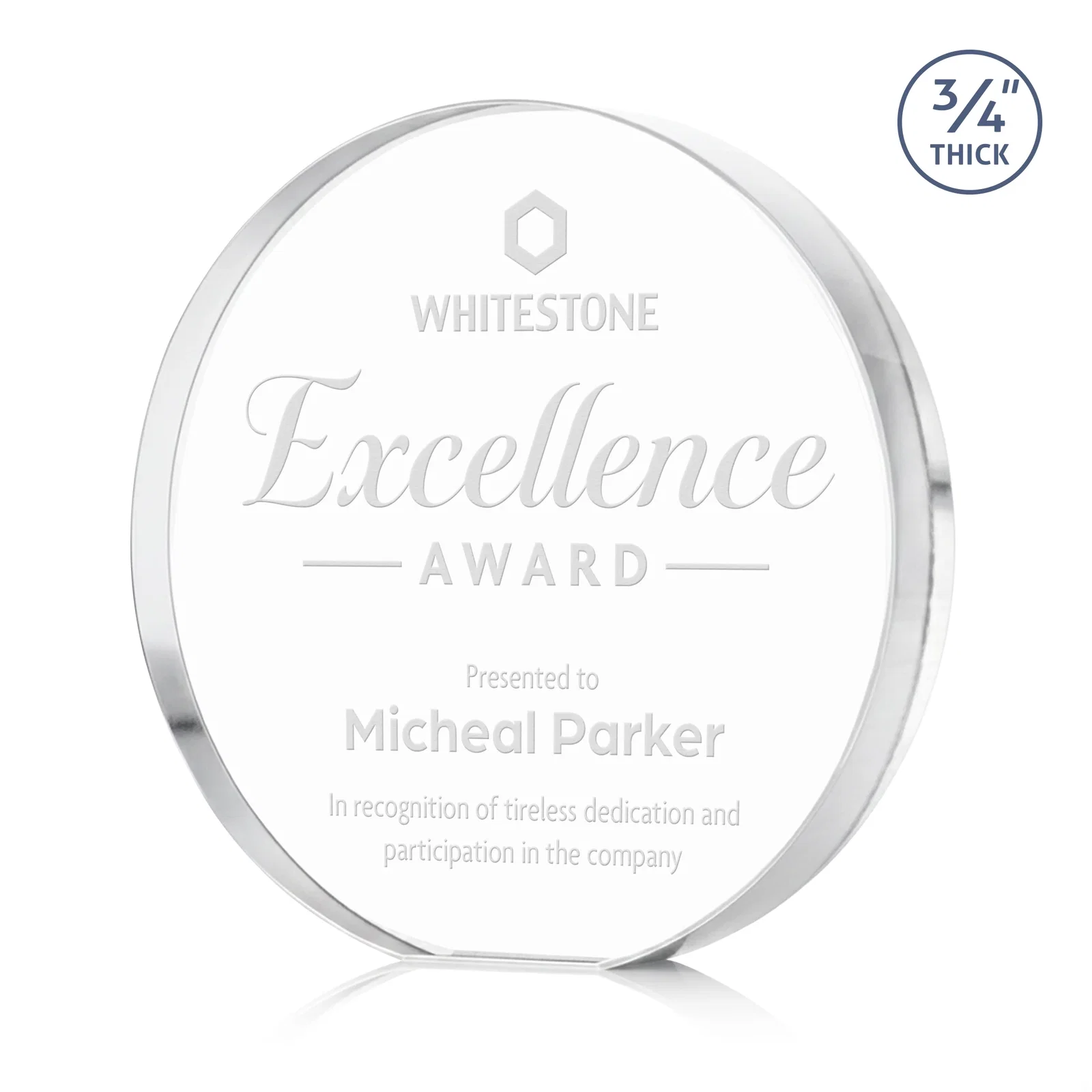 Custom Starfire Crystal Round Award With a Full-Face Etch Panel, desk awards for retirement presentations