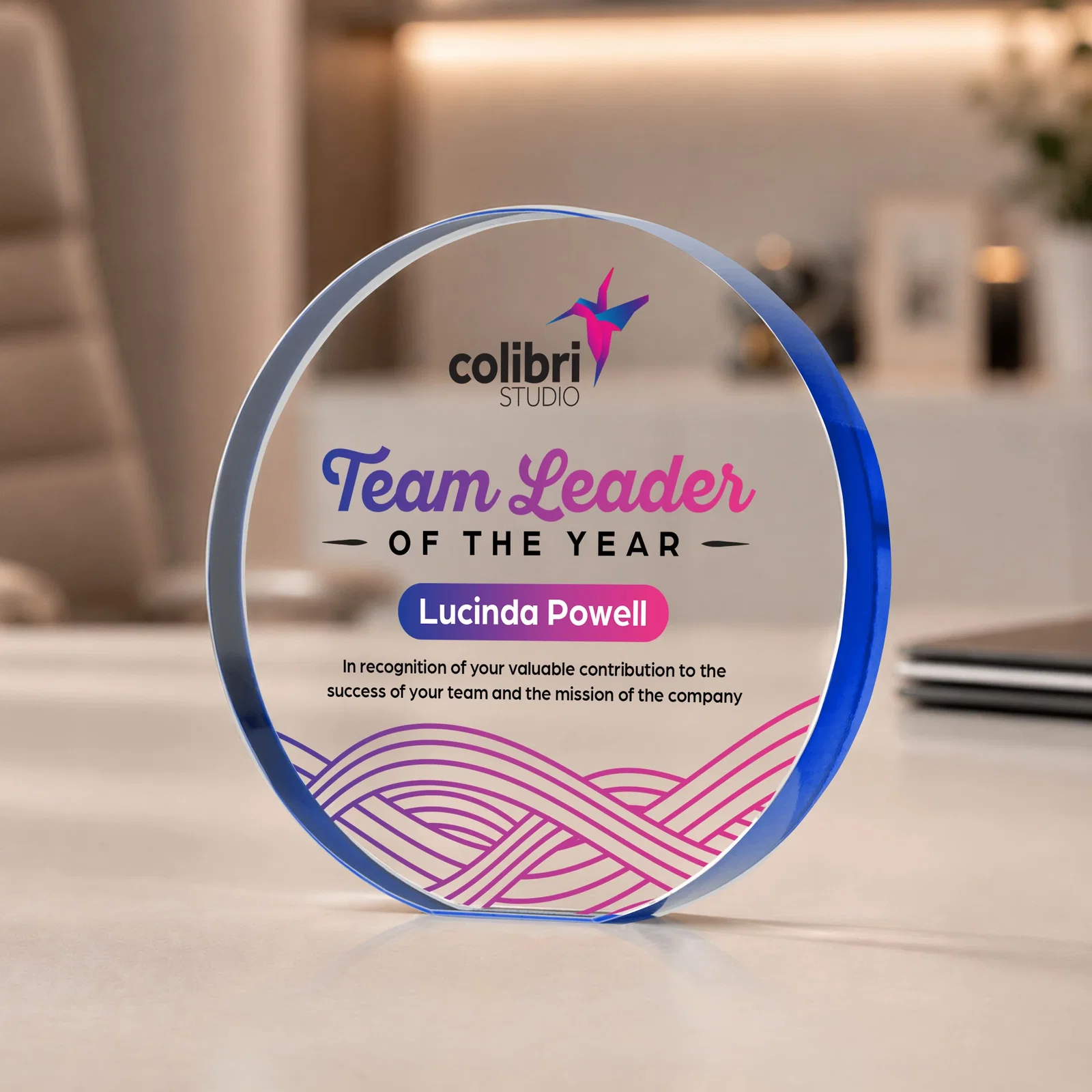 Custom printed Starfire Crystal Round Award With a Full-Face Etch Panel, desk awards for donor appreciation
