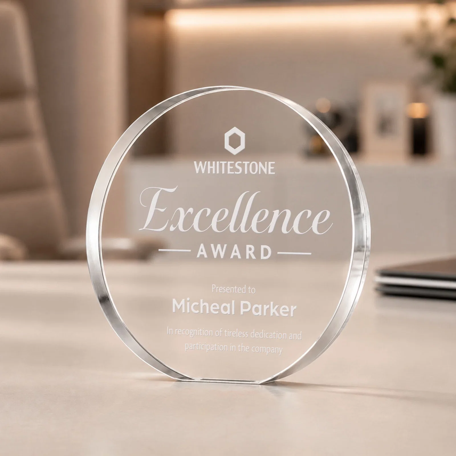 Custom Starfire Crystal Round Award With a Full-Face Etch Panel, desk awards for team milestone celebrations