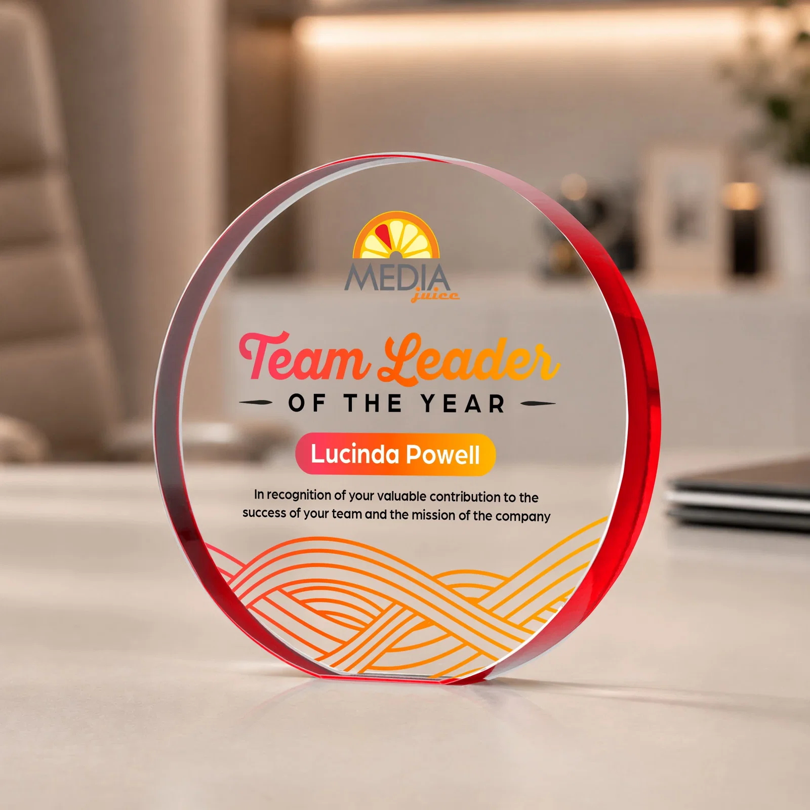 Customized Starfire Crystal Round Award With a Full-Face Etch Panel, desk awards for employee recognition