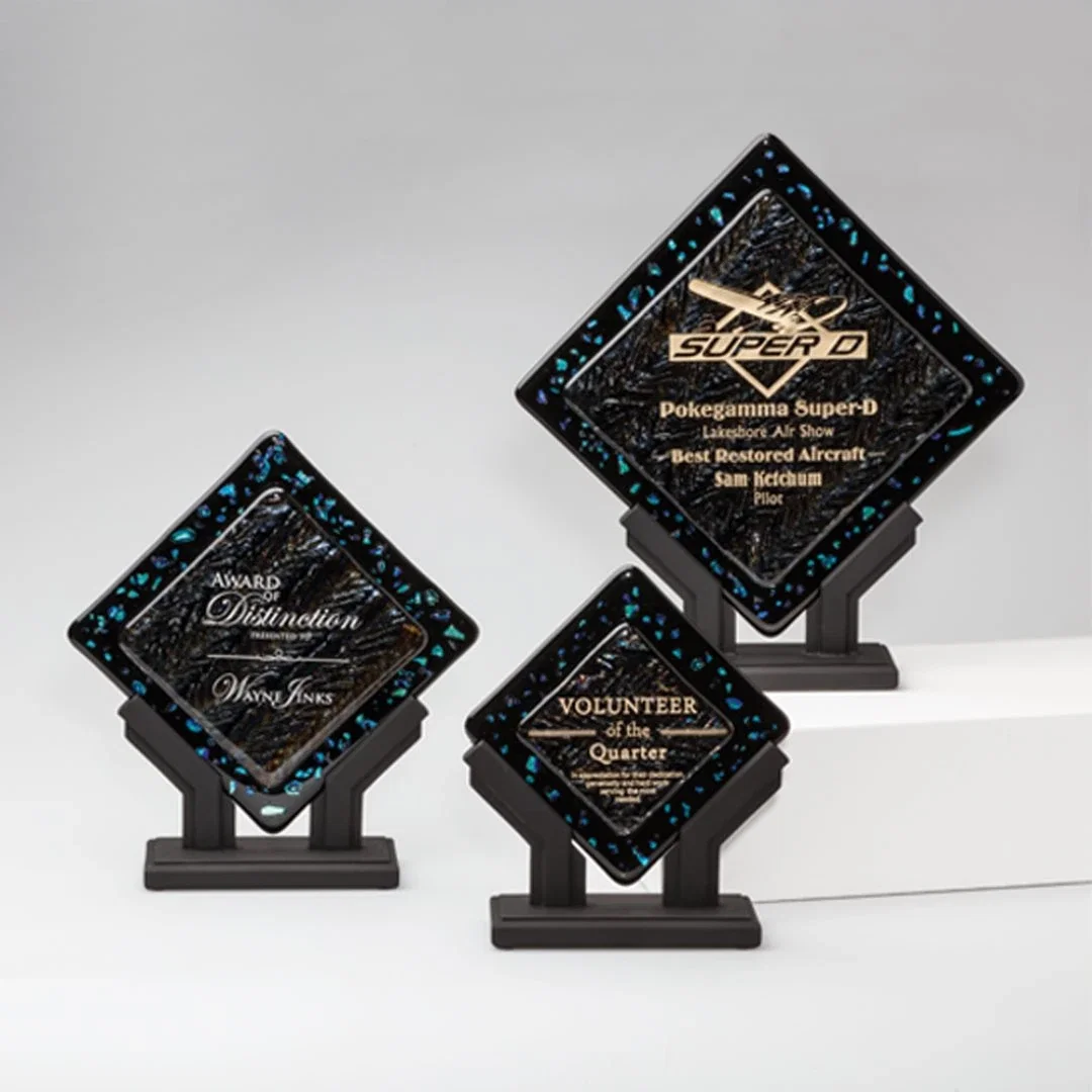 Custom Black Opal Glass Diamond Plate Award, Gold Layer on Top for employee recognition