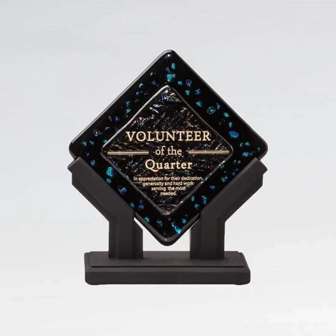 Custom Black Opal Glass Diamond Plate Award, Gold Layer on Top for corporate award ceremonies