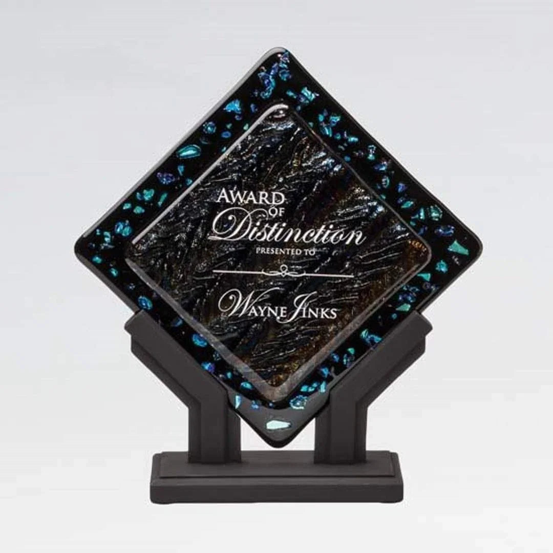 Custom Black Opal Glass Diamond Plate Award, Gold Layer on Top for service anniversary gifts