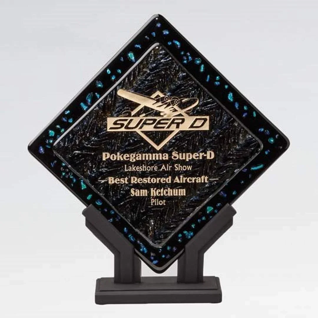 Custom Black Opal Glass Diamond Plate Award, Gold Layer on Top for sales achievement awards