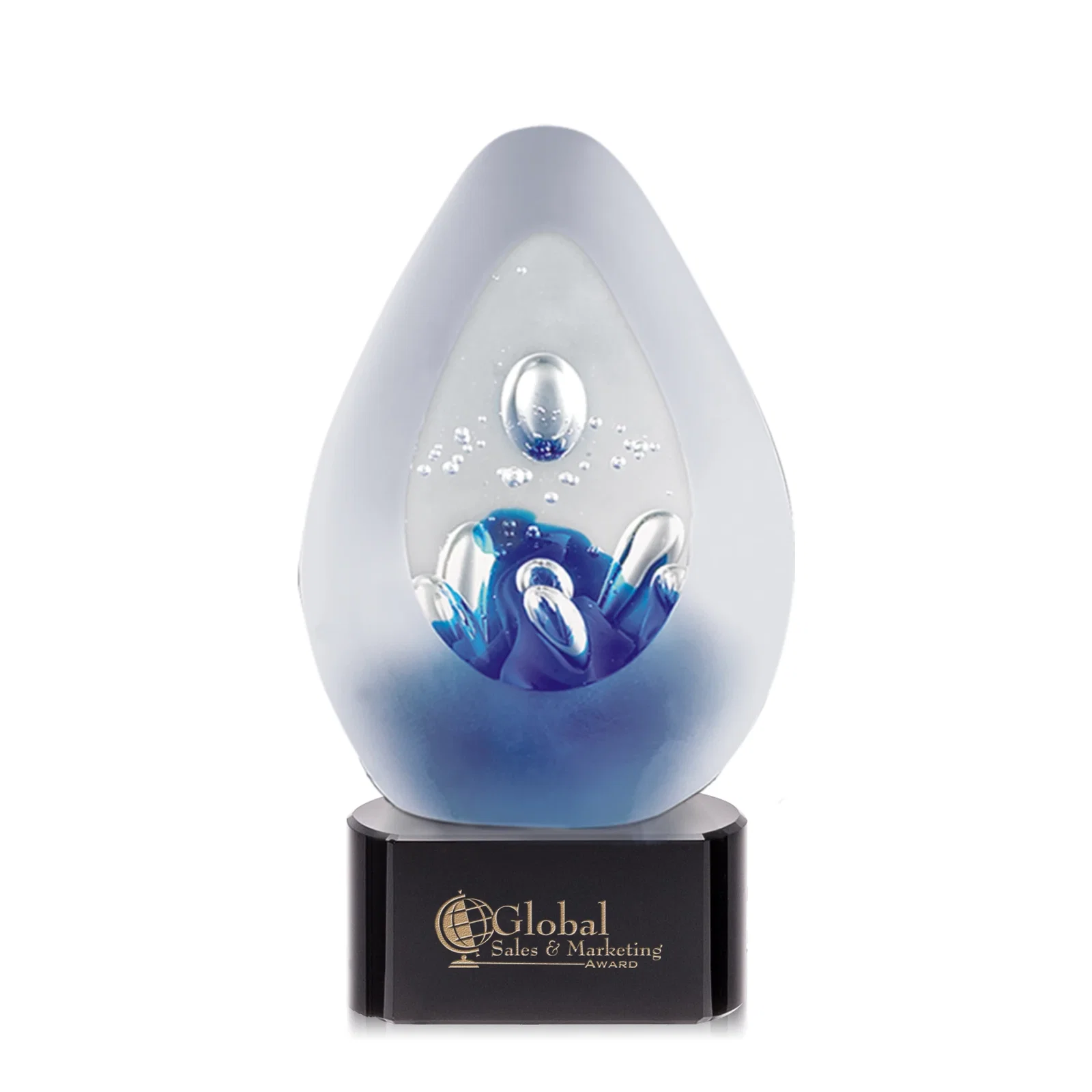 Custom Frosted Glass Teardrop Award With Colorfill on Blue or Black Base for corporate award ceremonies