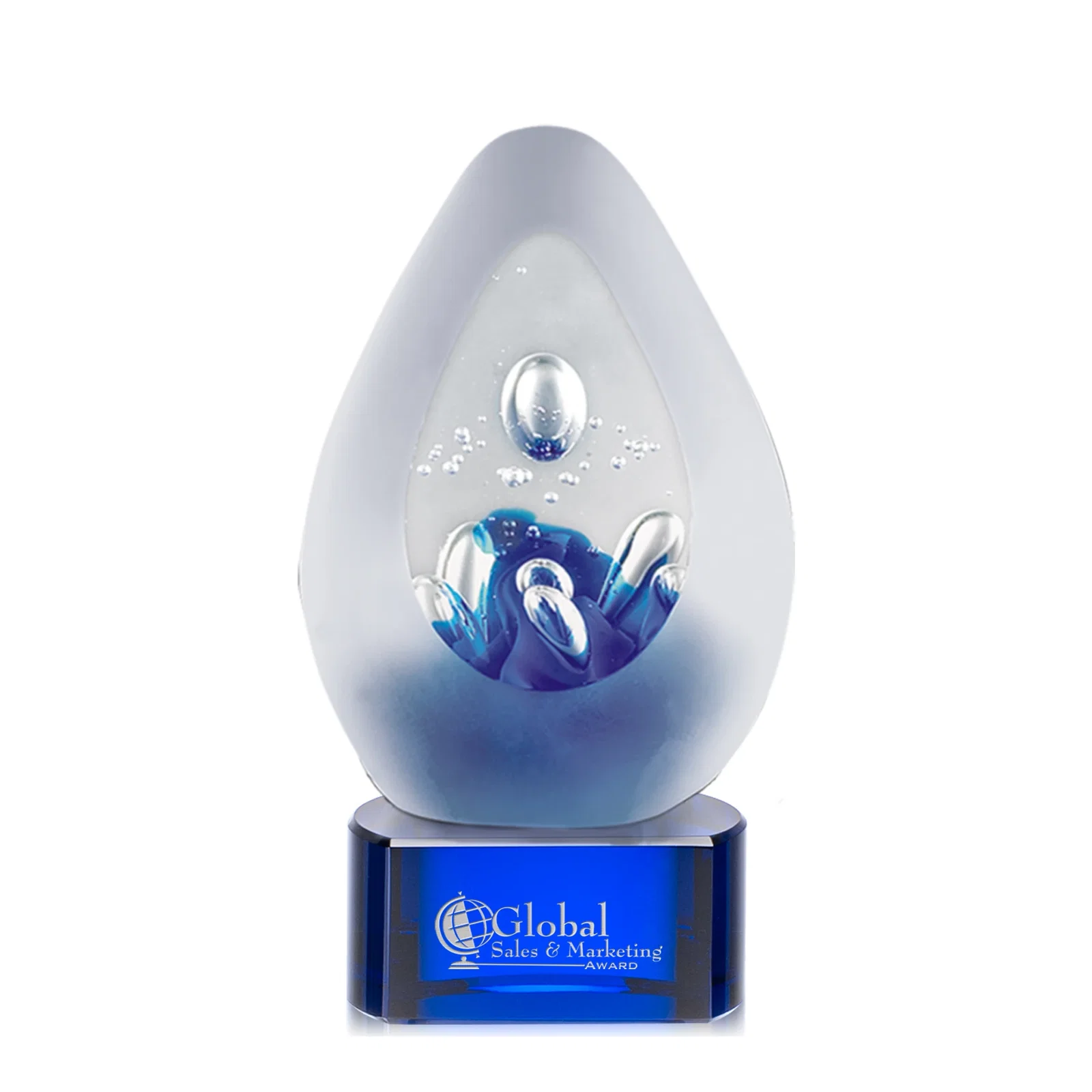 Custom Frosted Glass Teardrop Award With Colorfill on Blue or Black Base for service anniversary gifts