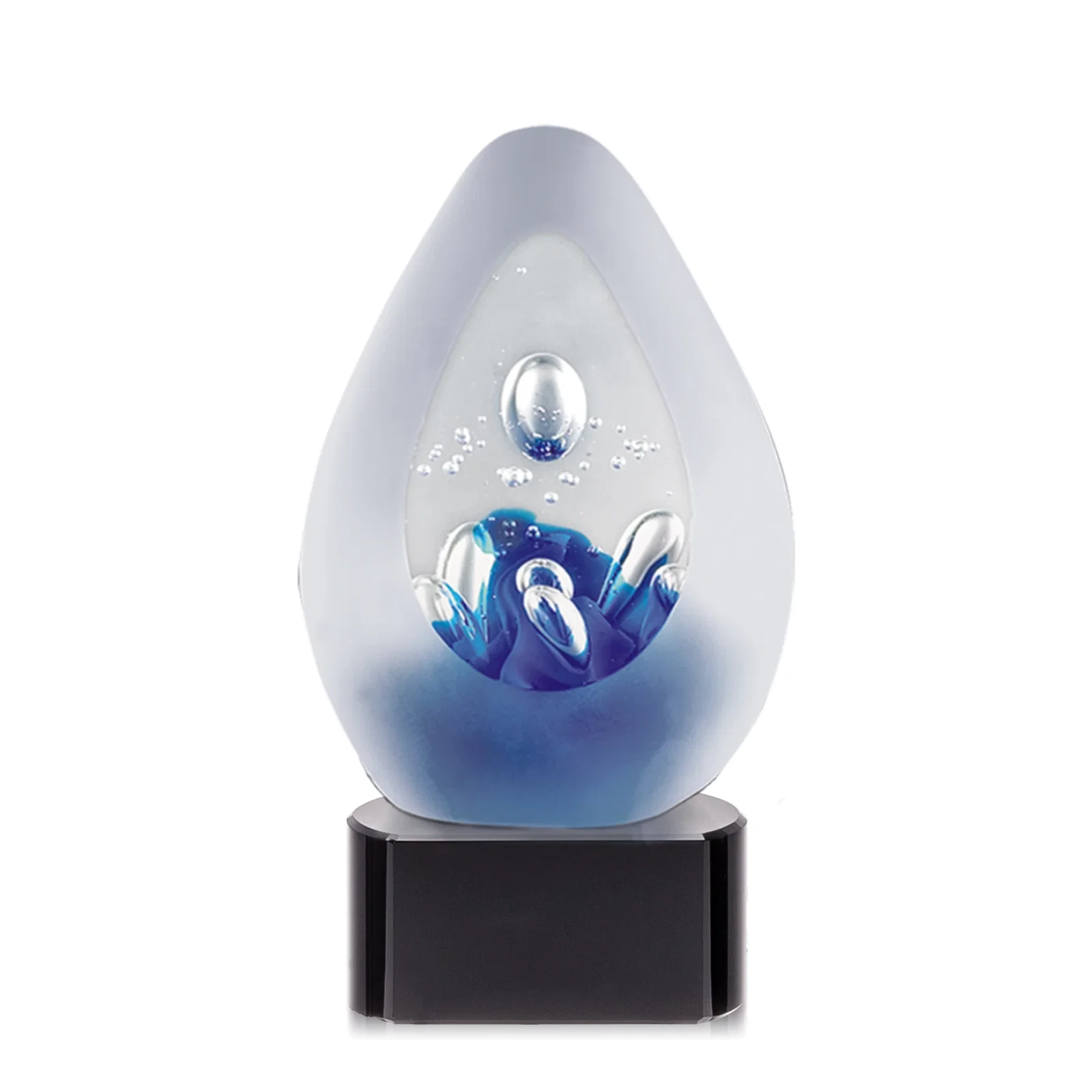 Custom Frosted Glass Teardrop Award With Colorfill on Blue or Black Base for team milestone celebrations