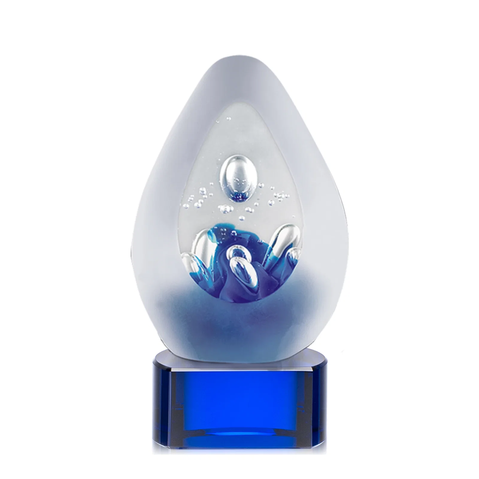 Custom Frosted Glass Teardrop Award With Colorfill on Blue or Black Base for donor appreciation