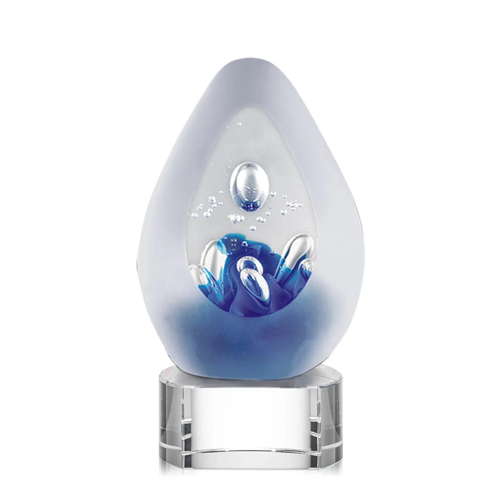Custom Frosted Glass Teardrop Award With Colorfill on Blue or Black Base for graduation ceremonies
