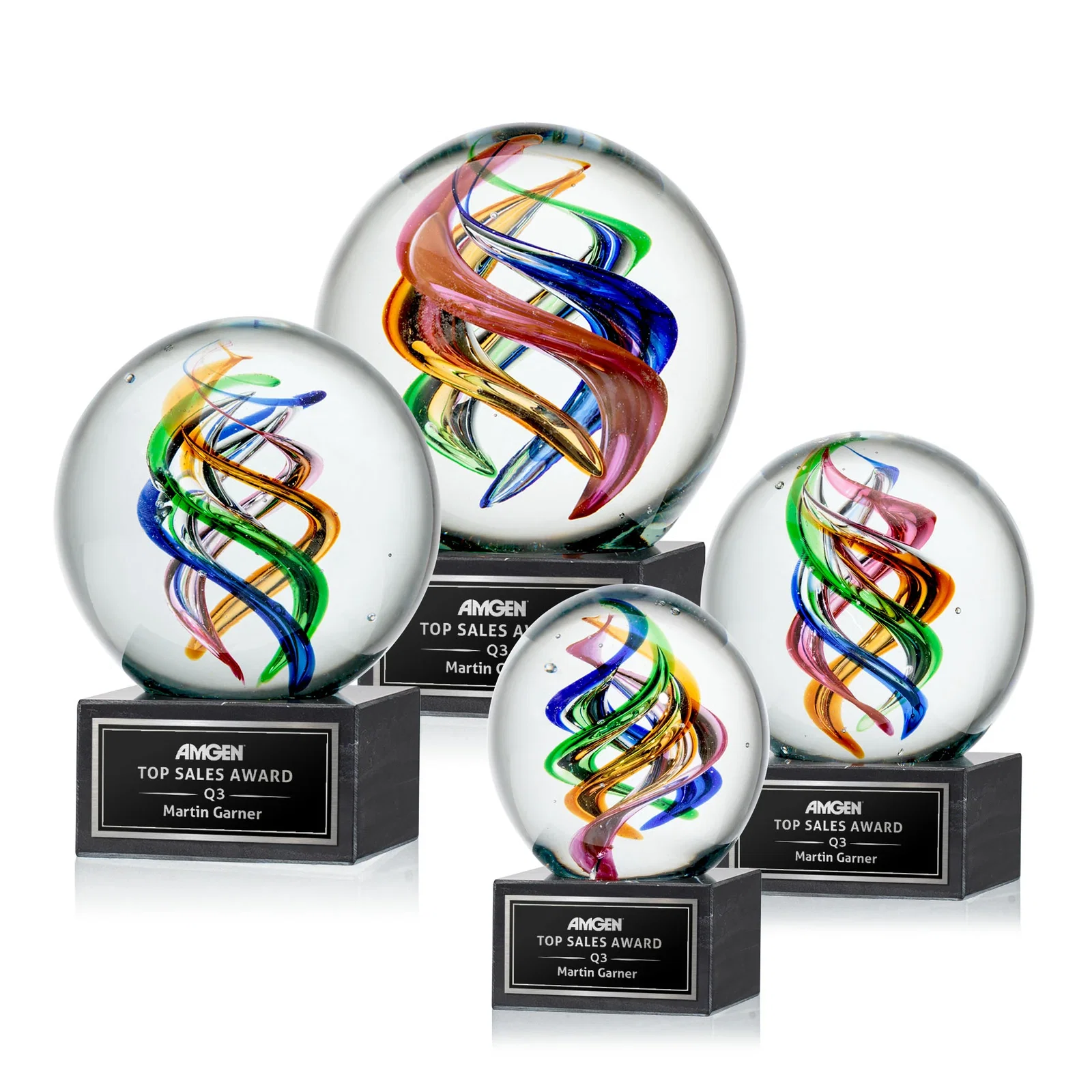 Custom Art Glass Sphere Award on Square Marble Base for employee recognition
