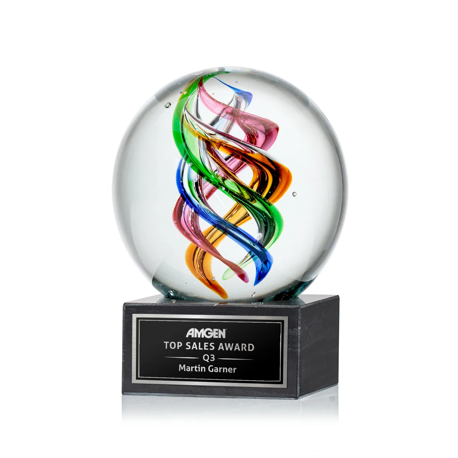 Custom Art Glass Sphere Award on Square Marble Base for service anniversary gifts