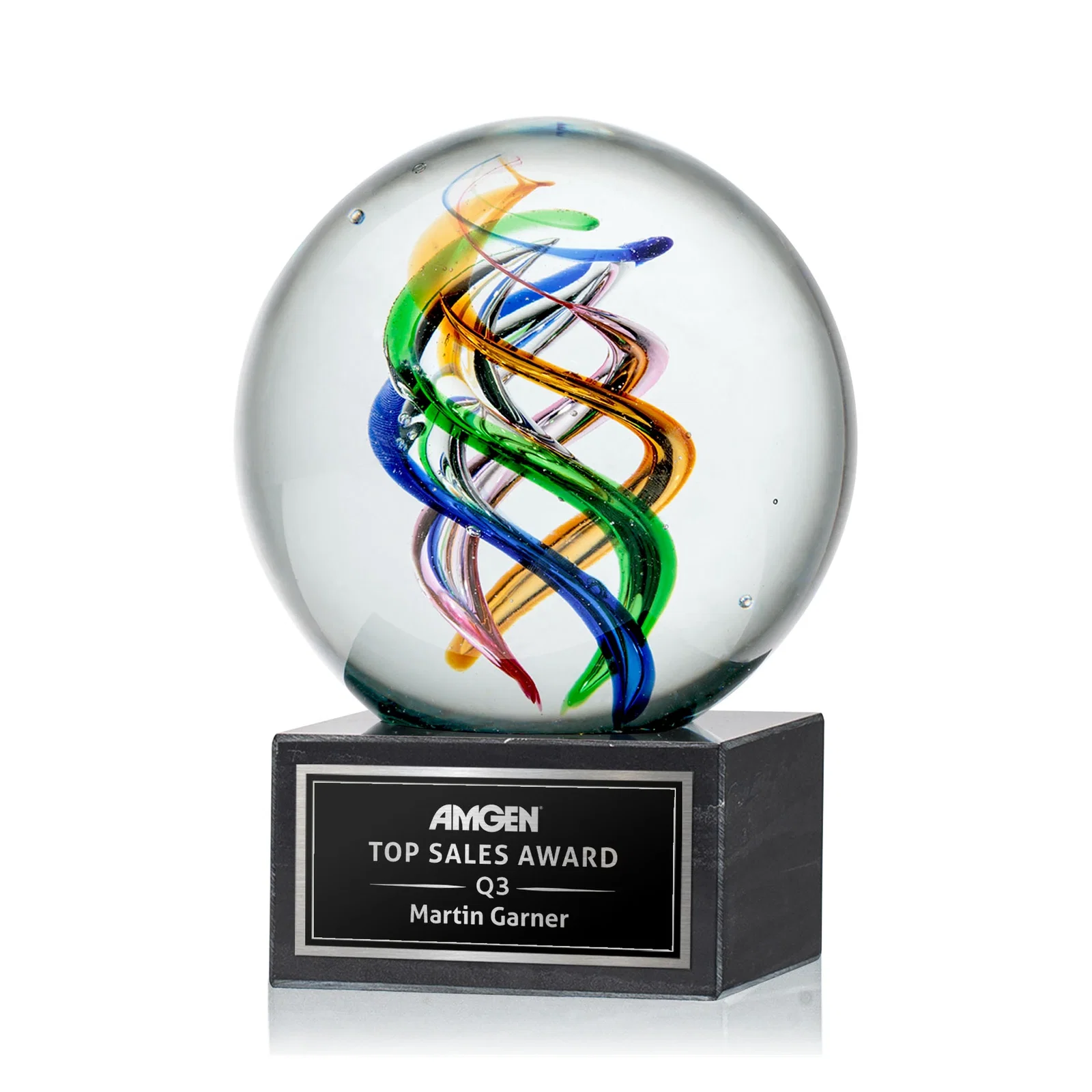 Custom Art Glass Sphere Award on Square Marble Base for sales achievement awards