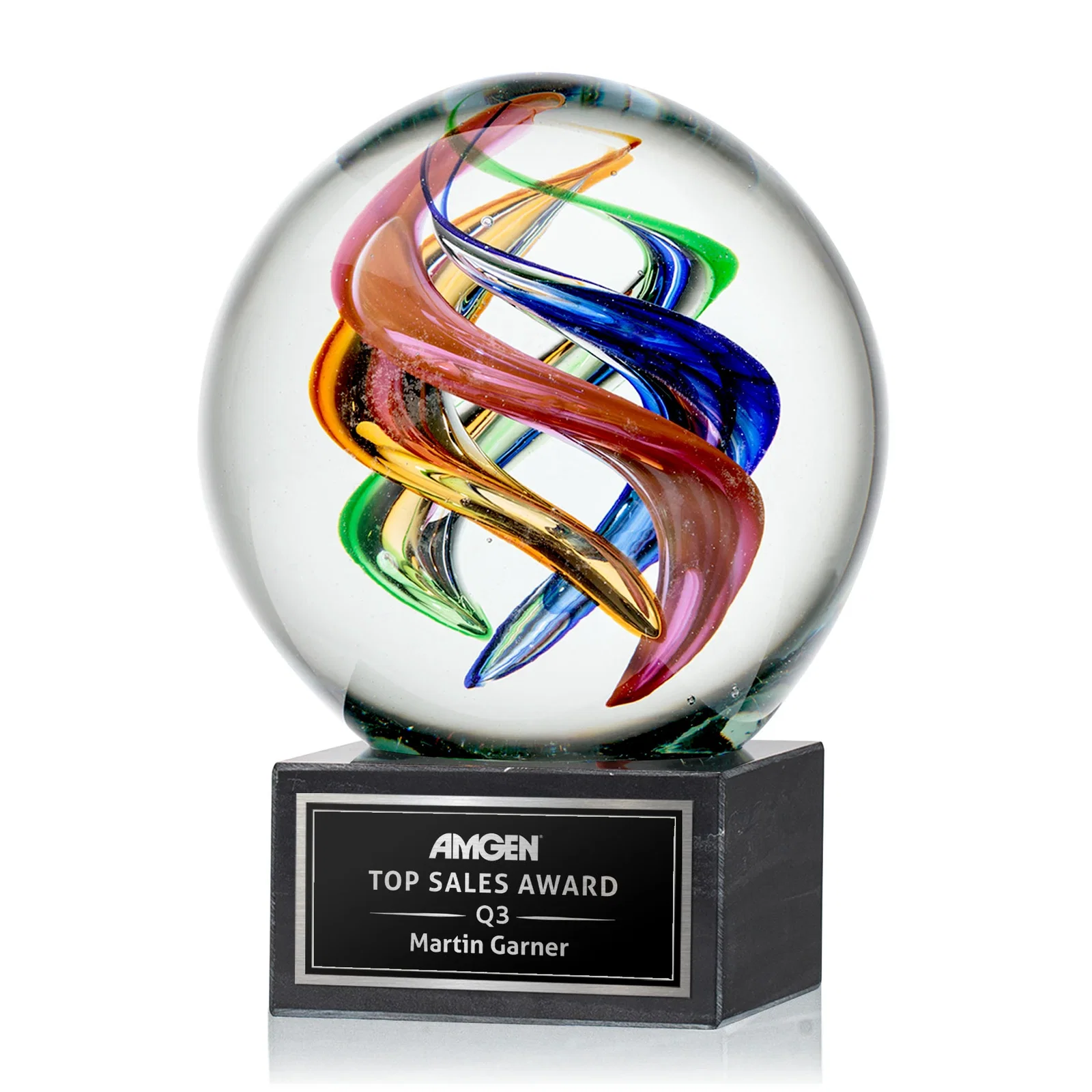 Custom Art Glass Sphere Award on Square Marble Base for retirement presentations