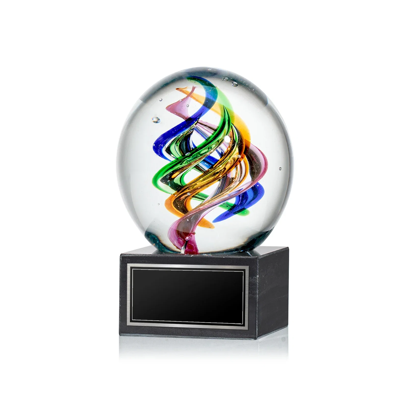 Custom Art Glass Sphere Award on Square Marble Base for team milestone celebrations
