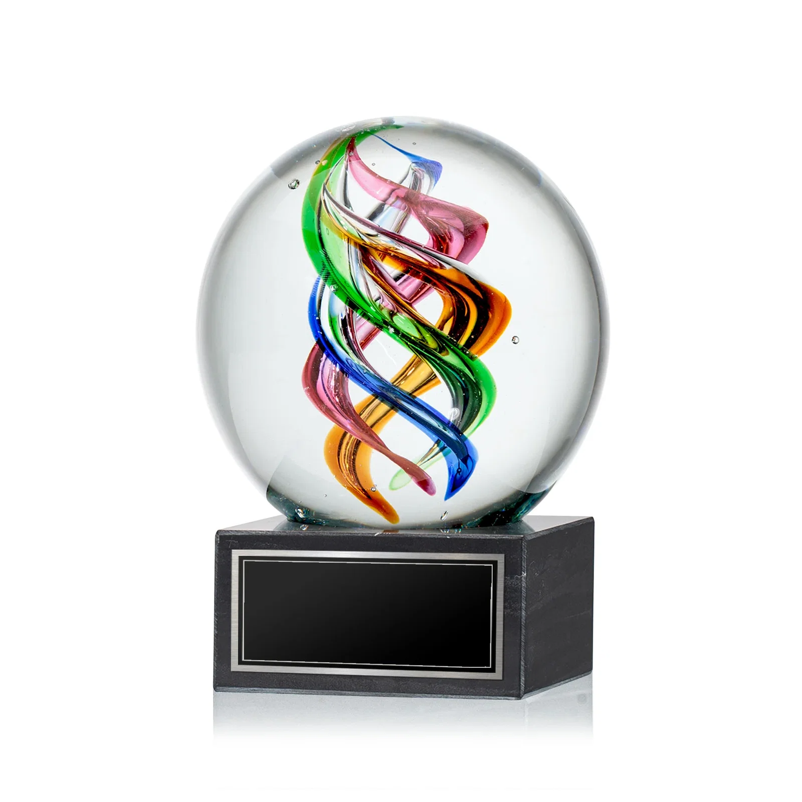 Custom Art Glass Sphere Award on Square Marble Base for donor appreciation