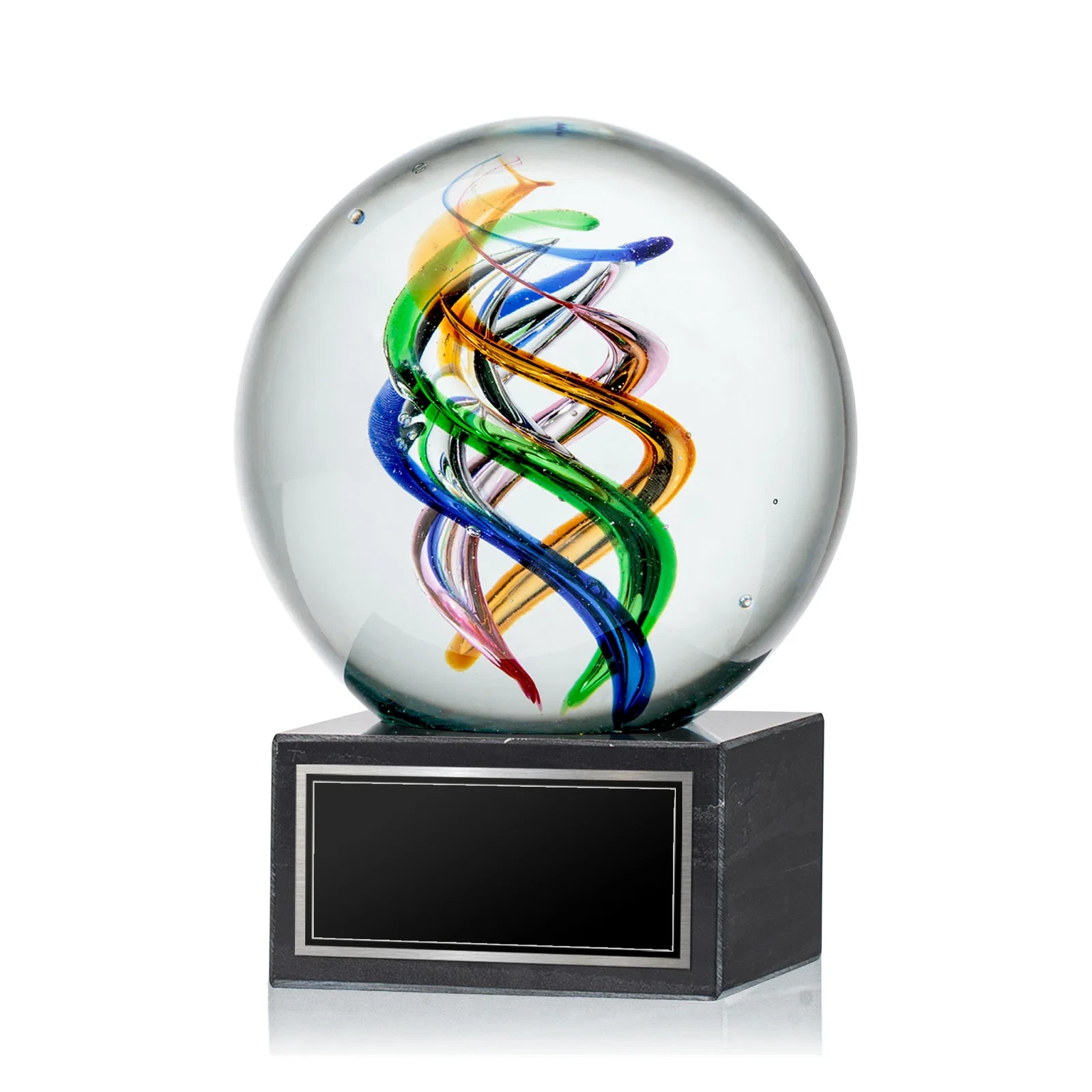 Custom Art Glass Sphere Award on Square Marble Base for graduation ceremonies