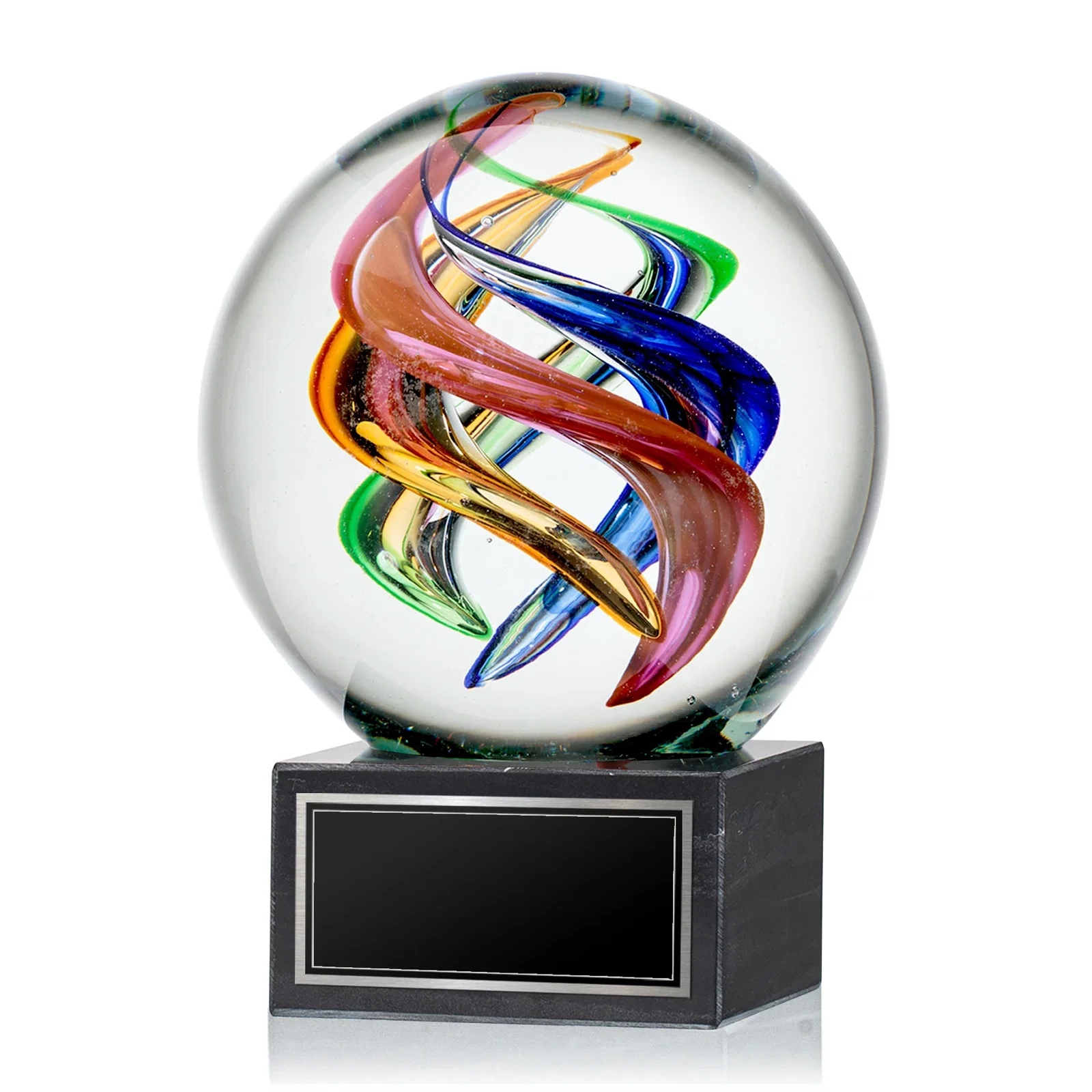 Custom Art Glass Sphere Award on Square Marble Base for safety achievement programs