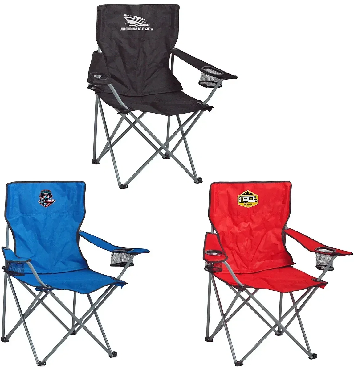 Gallery custom branded folding chair front view with logo area on backrest