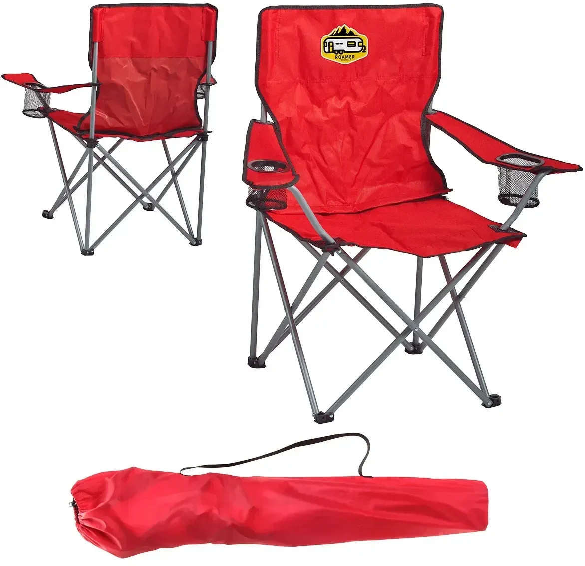 Branded folding chair side profile showing arm holders