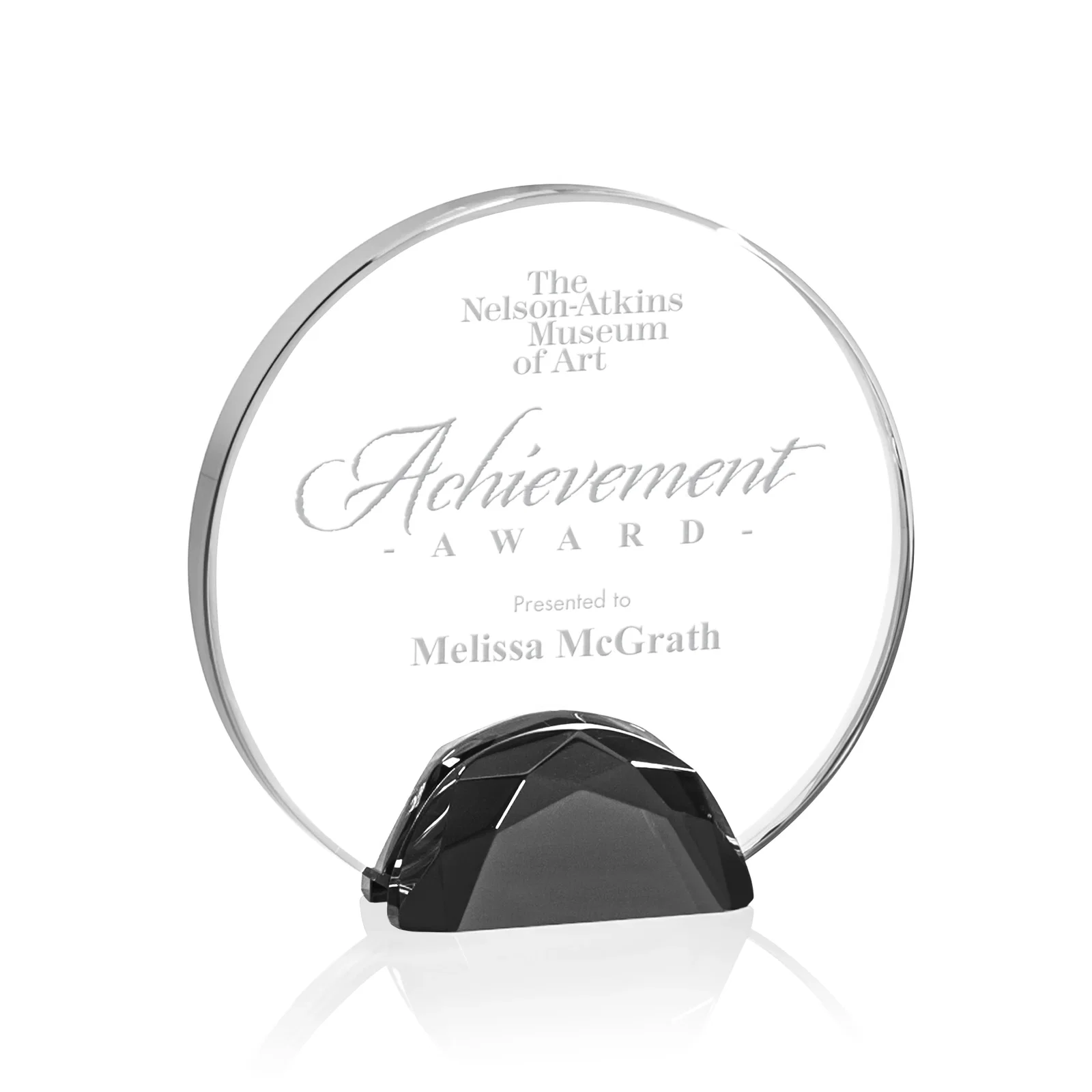 Custom Starfire Crystal Disc Award Flanked by Amber Crystal Diamonds for volunteer appreciation