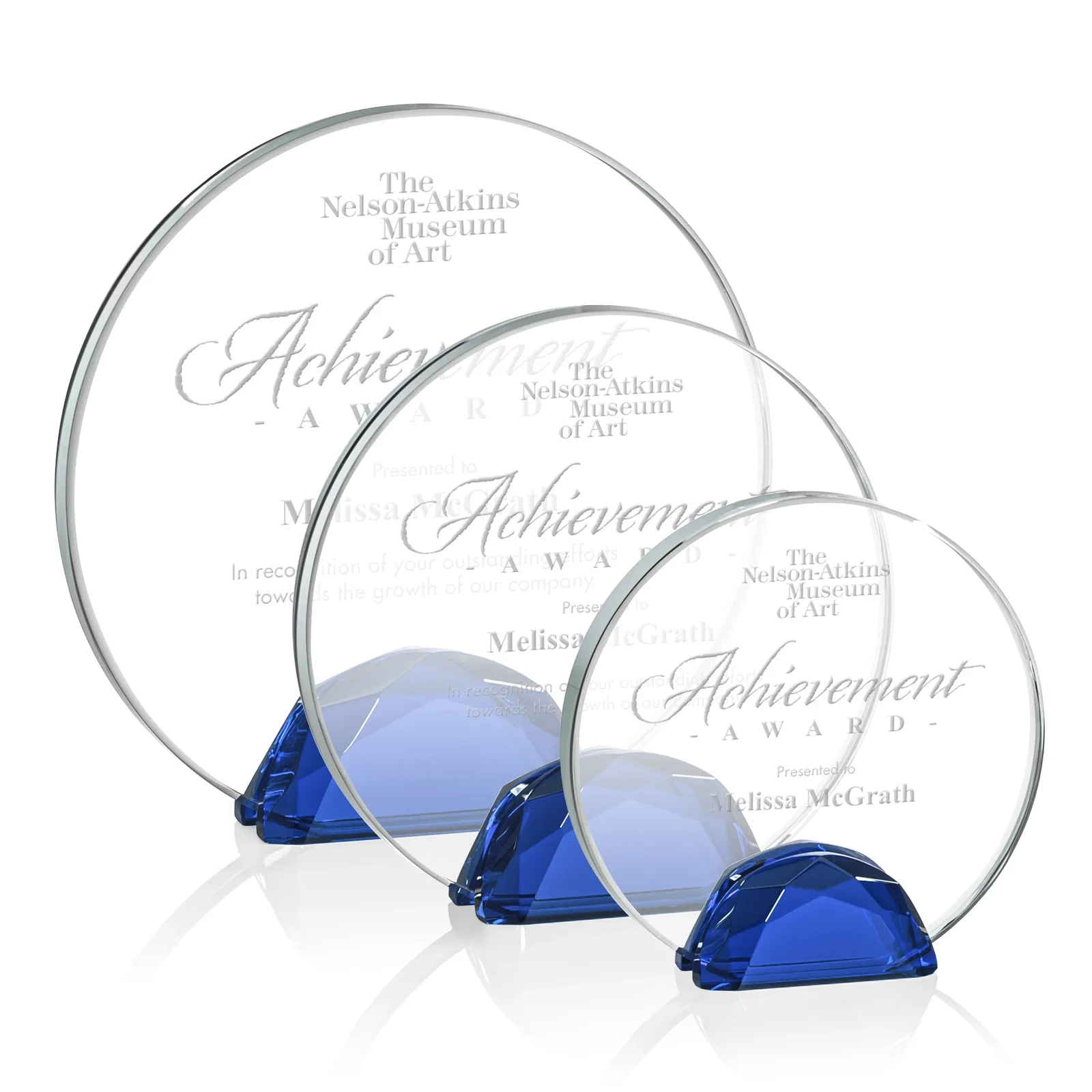 Personalized Starfire Crystal Disc Award Flanked by Amber Crystal Diamonds for employee recognition