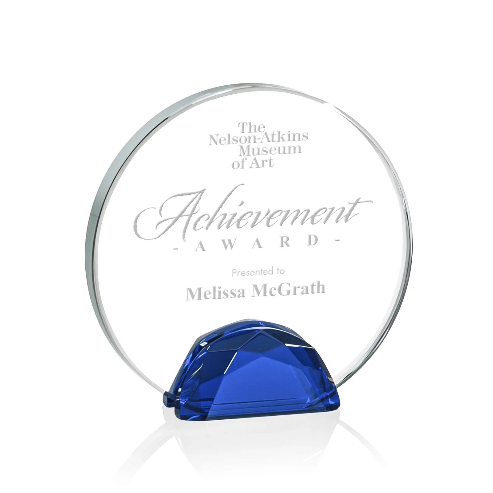 Personalized Starfire Crystal Disc Award Flanked by Amber Crystal Diamonds for corporate award ceremonies