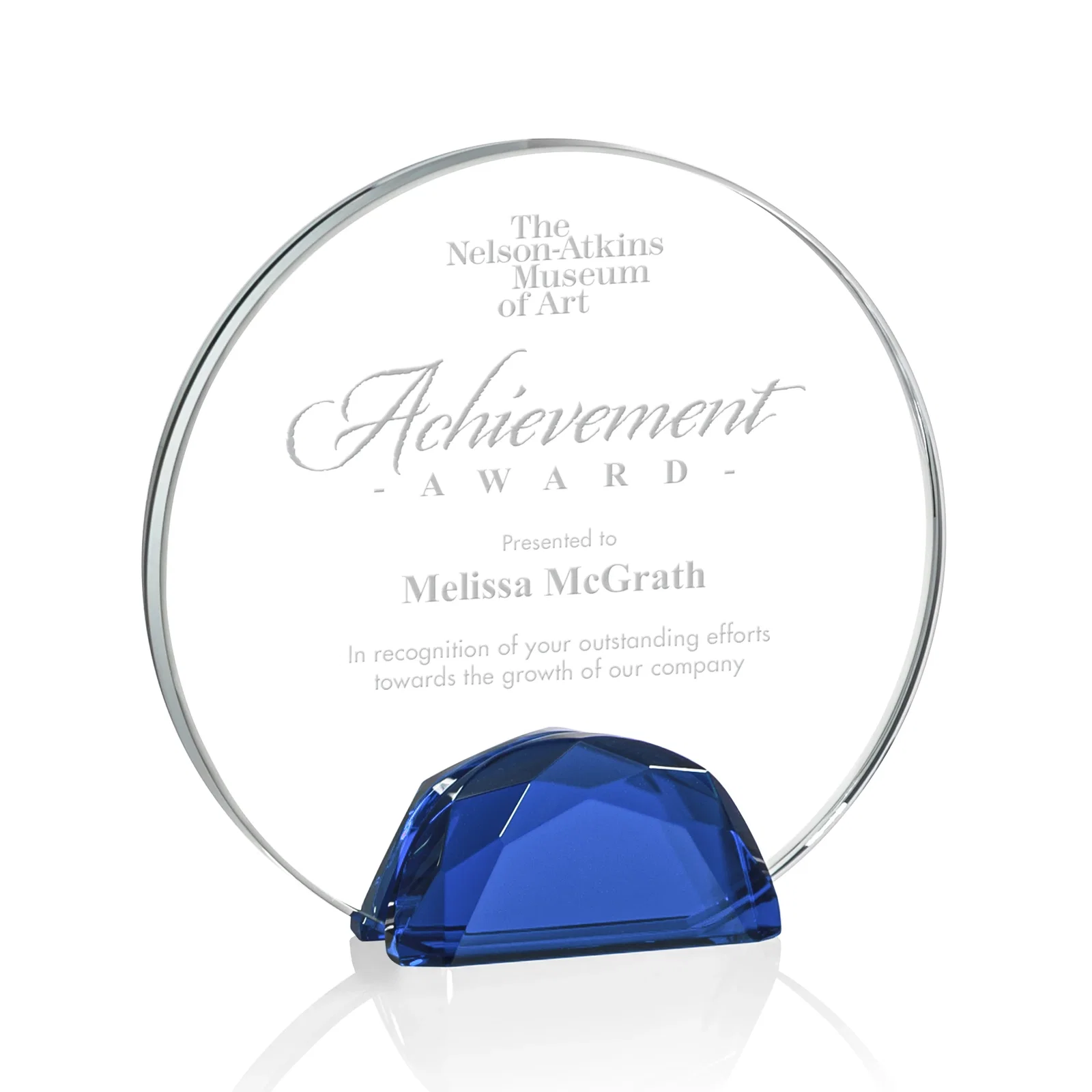 Personalized Starfire Crystal Disc Award Flanked by Amber Crystal Diamonds for service anniversary gifts