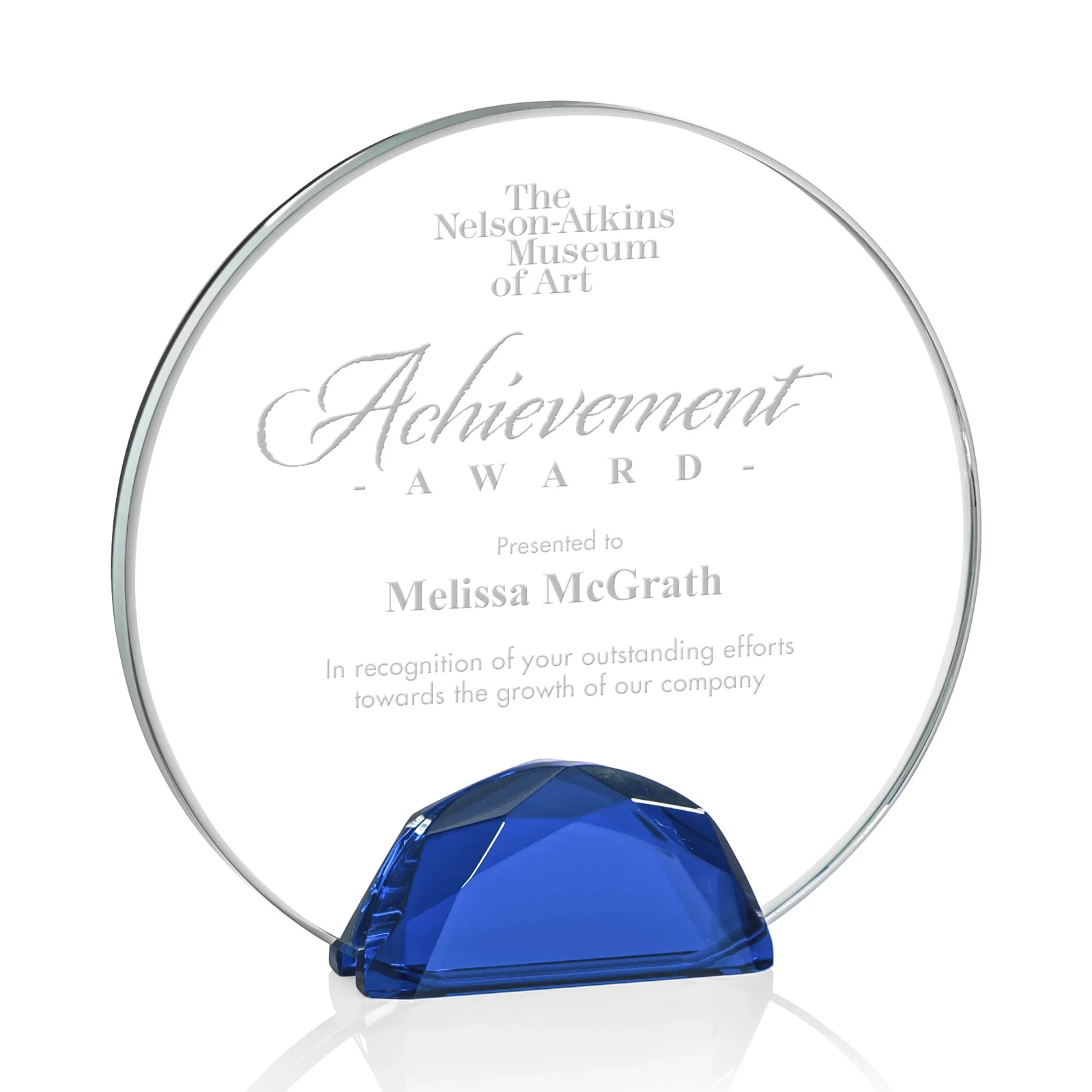 Personalized Starfire Crystal Disc Award Flanked by Amber Crystal Diamonds for sales achievement awards