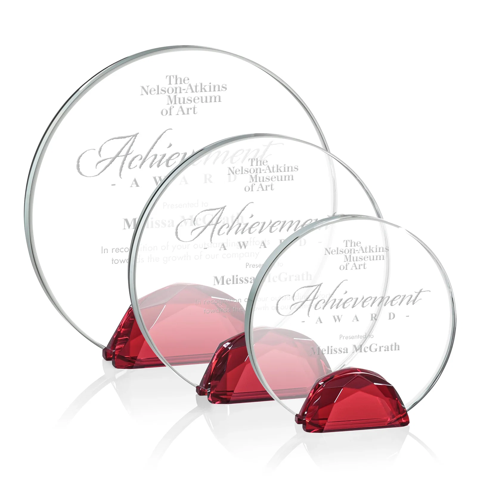 Personalized Starfire Crystal Disc Award Flanked by Amber Crystal Diamonds for retirement presentations