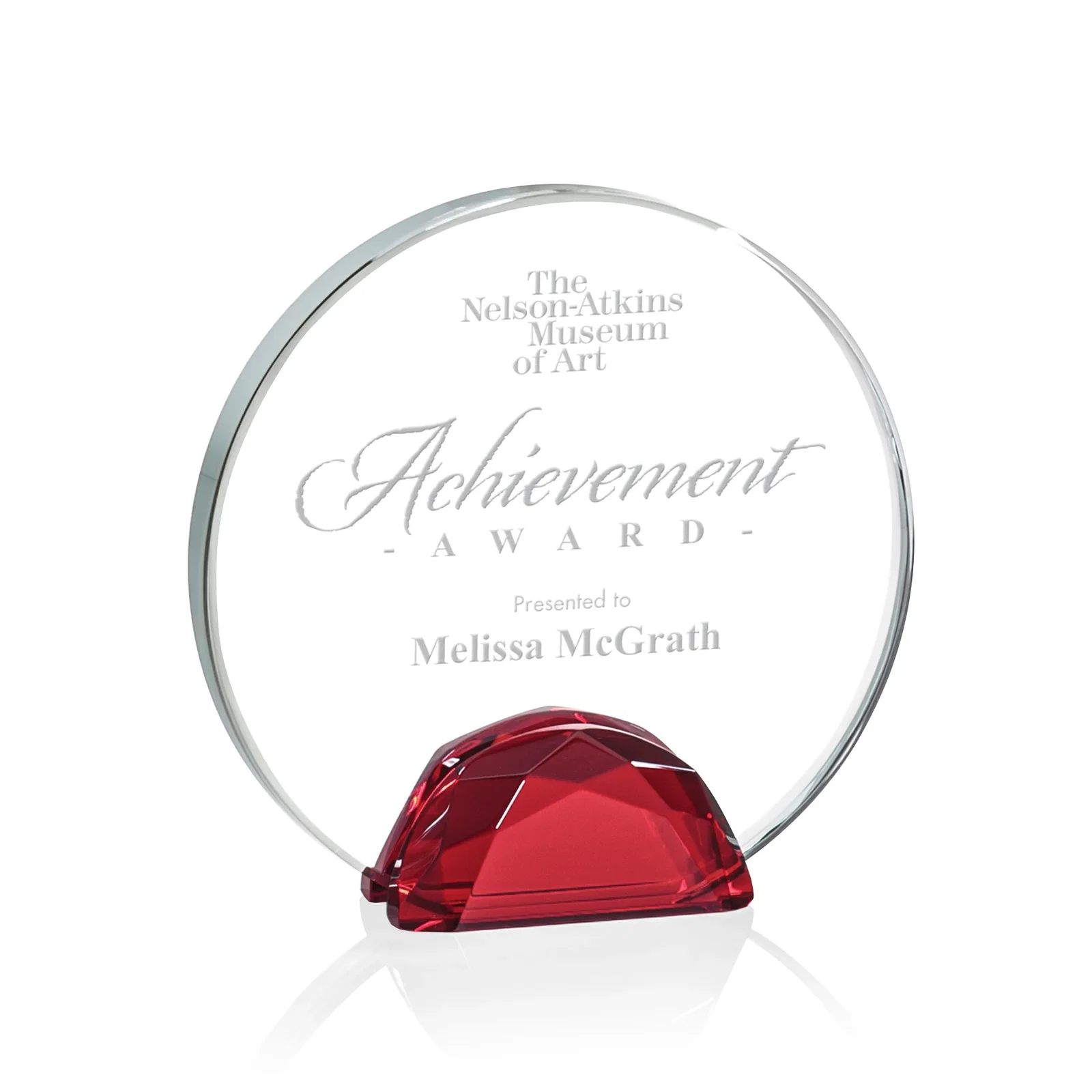 Personalized Starfire Crystal Disc Award Flanked by Amber Crystal Diamonds for team milestone celebrations