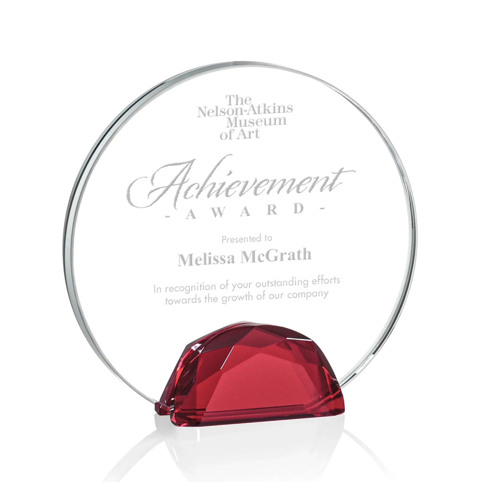 Personalized Starfire Crystal Disc Award Flanked by Amber Crystal Diamonds for donor appreciation