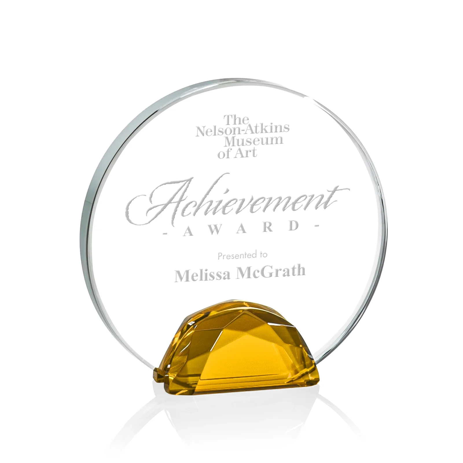 Custom Starfire Crystal Disc Award Flanked by Amber Crystal Diamonds for corporate award ceremonies