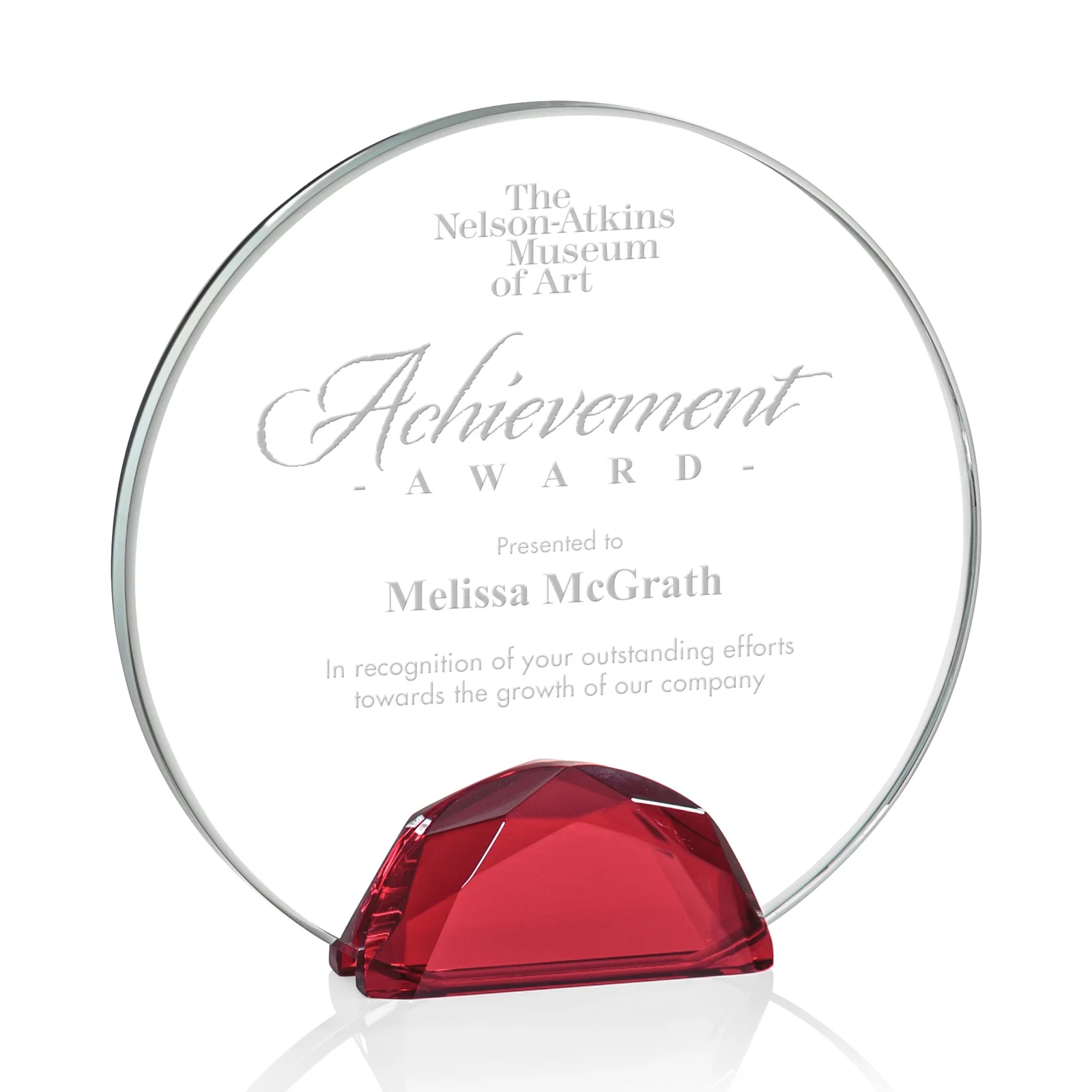 Personalized Starfire Crystal Disc Award Flanked by Amber Crystal Diamonds for graduation ceremonies