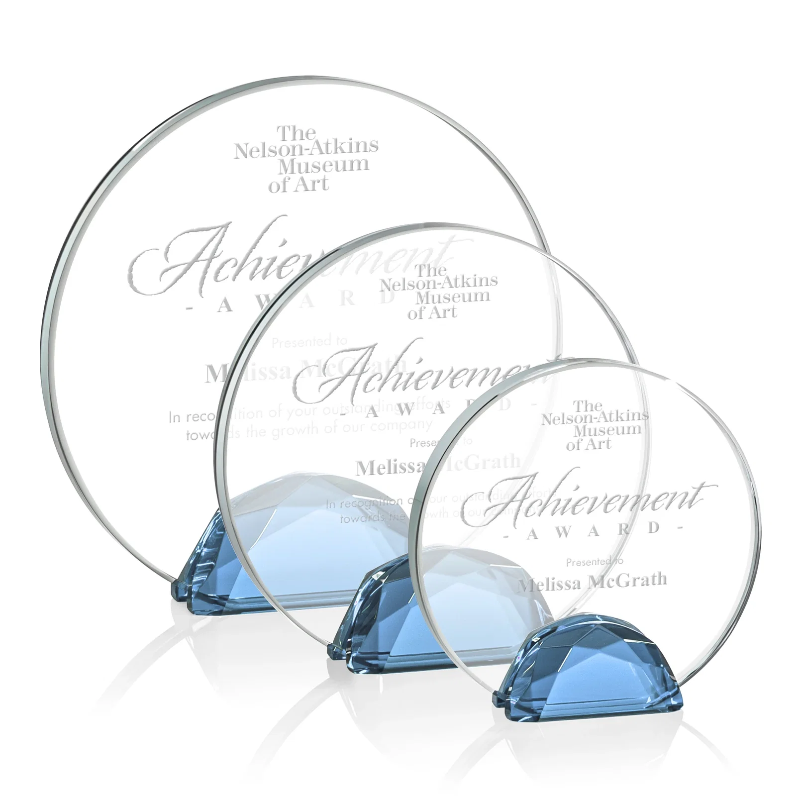 Personalized Starfire Crystal Disc Award Flanked by Amber Crystal Diamonds for safety achievement programs
