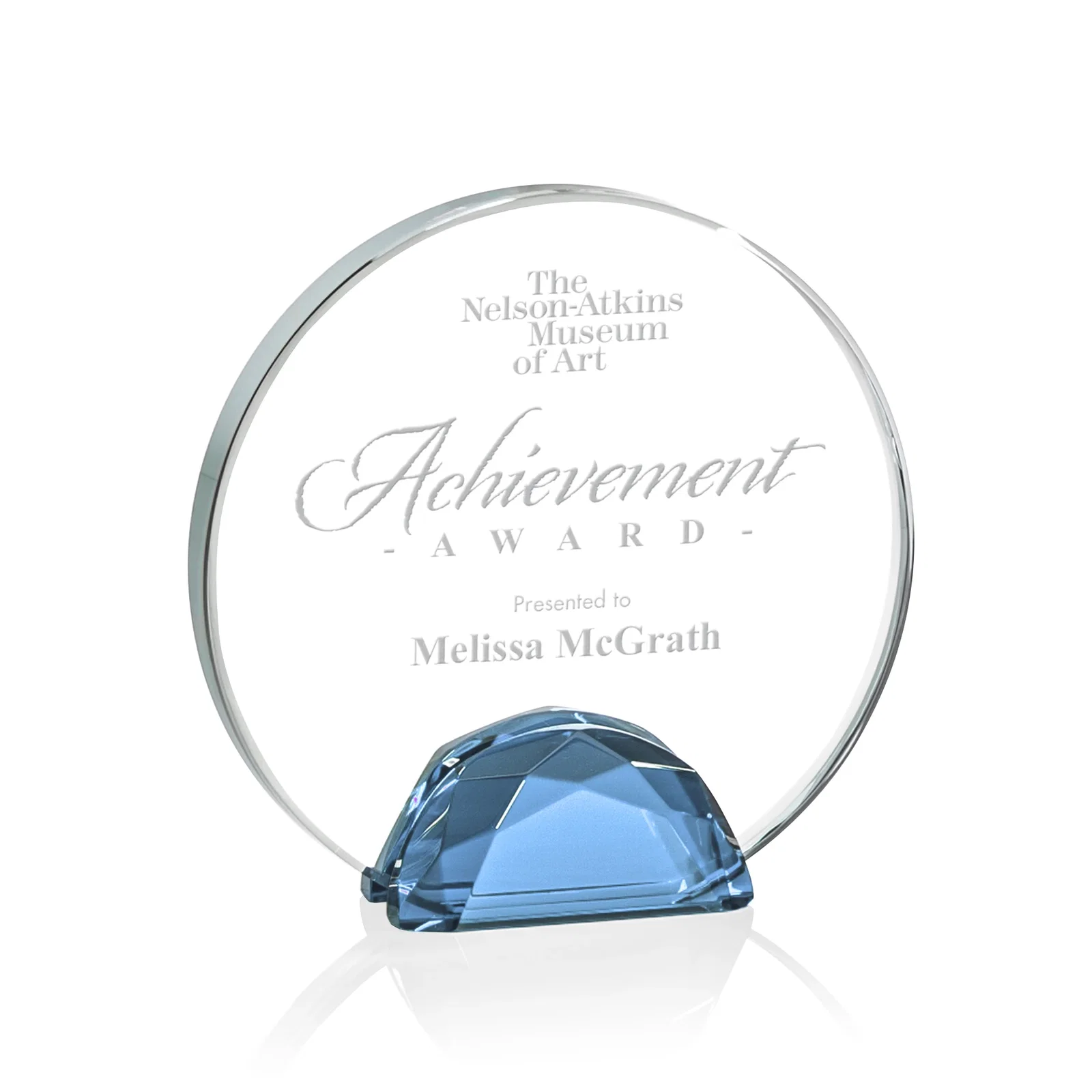 Personalized Starfire Crystal Disc Award Flanked by Amber Crystal Diamonds for volunteer appreciation